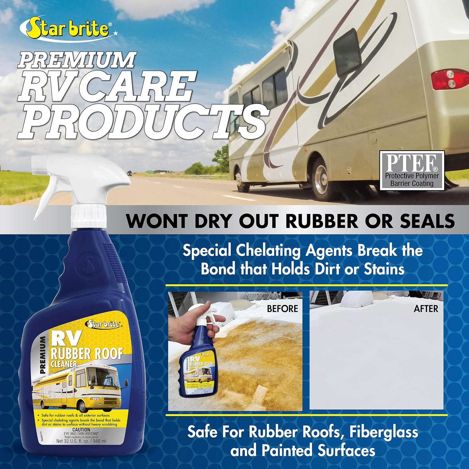 STAR BRITE Premium RV Rubber Roof Cleaner - Effortless Cleaning for Camper Roofs, Fiberglass & Painted Surfaces