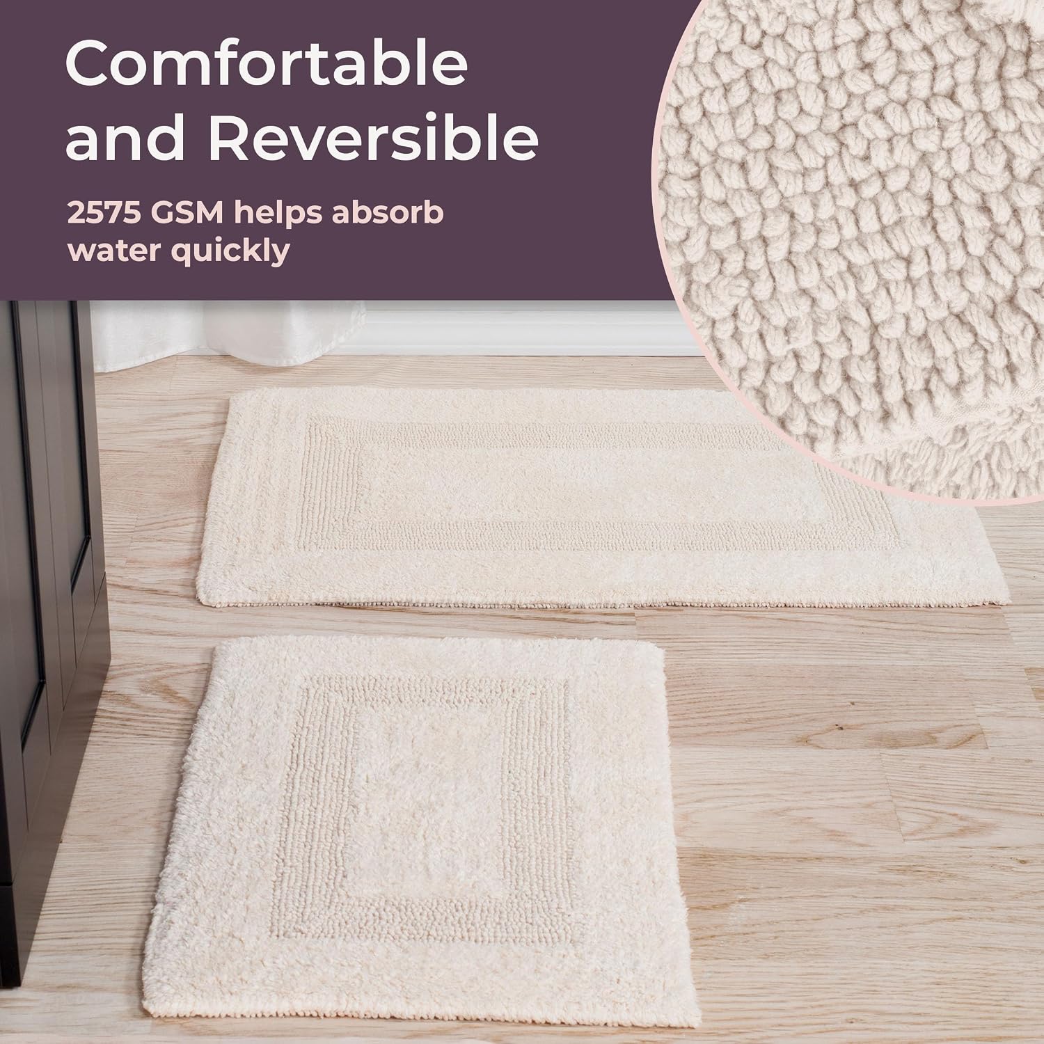 Lavish Home Bathroom Rugs Set - 2 Piece Cotton Bathroom Mat Set - Machine Washable Bath Mats for Washroom, Kitchen, or Laundry Room (Ivory)