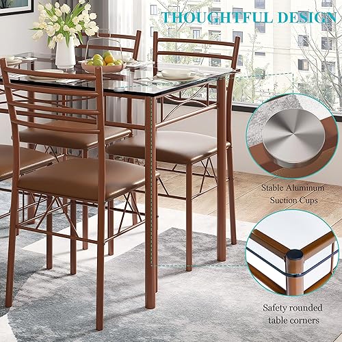 Vista 3 de VECELO Juego de mesa de comedor para 4, mesa de cocina de vidrio de 5 piezas con sillas acolchadas tapizadas para espacios pequeños, rincón