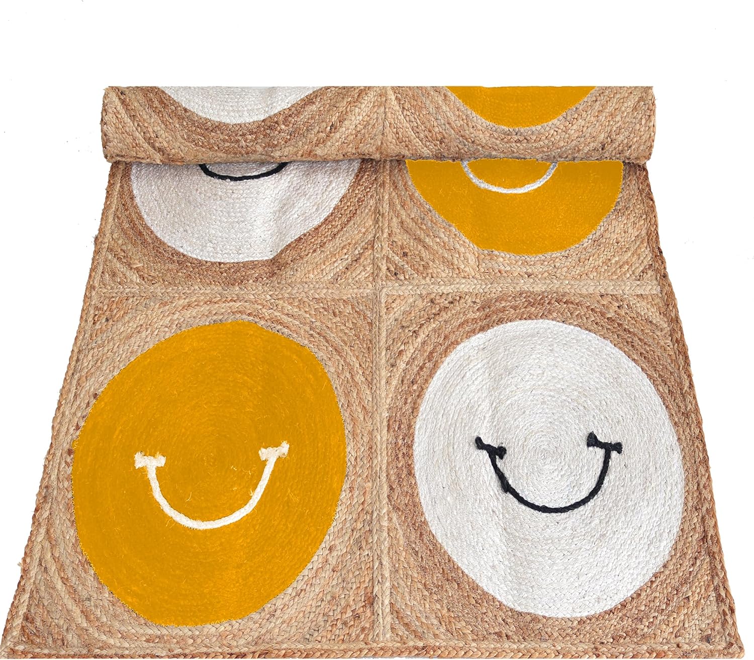 Premium Quality Jute Rug 12x15 Feet Area Rug Natural Fiber Jute Rugs Thick 0.27" Yellow & White Geometric Smiley Face Pattern Rugs for Living Room, Dining Table Area, Home Decor