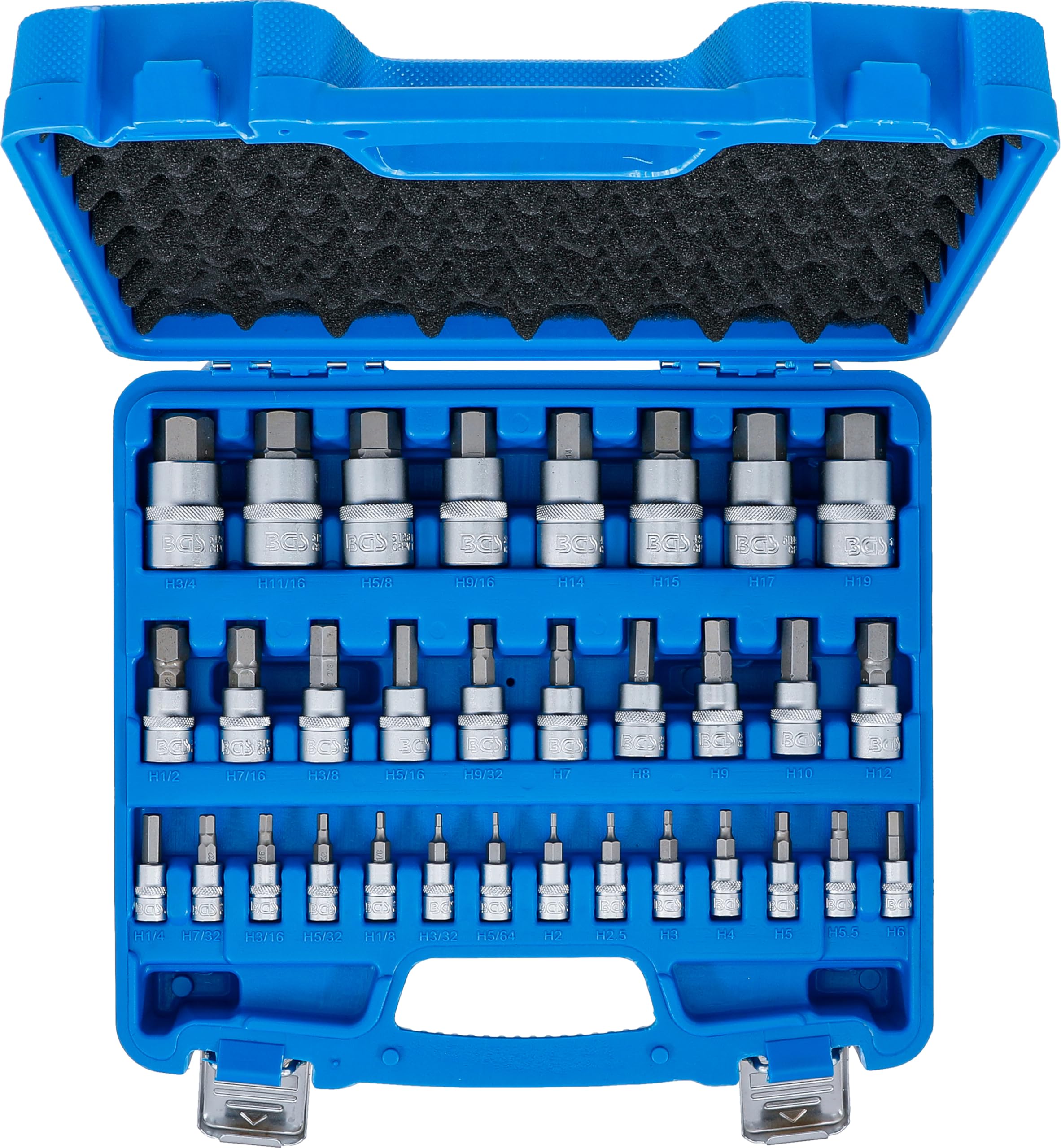BGS 74258 | Zestaw nasadek do bitów | 6,3 mm (1/4") / 10 mm (3/8") / 12,5 mm (1/2") | gniazdo sześciokątne 2-19 mm / 1/4-9/16" | Wymiary metryczne i calowe | 32 szt.