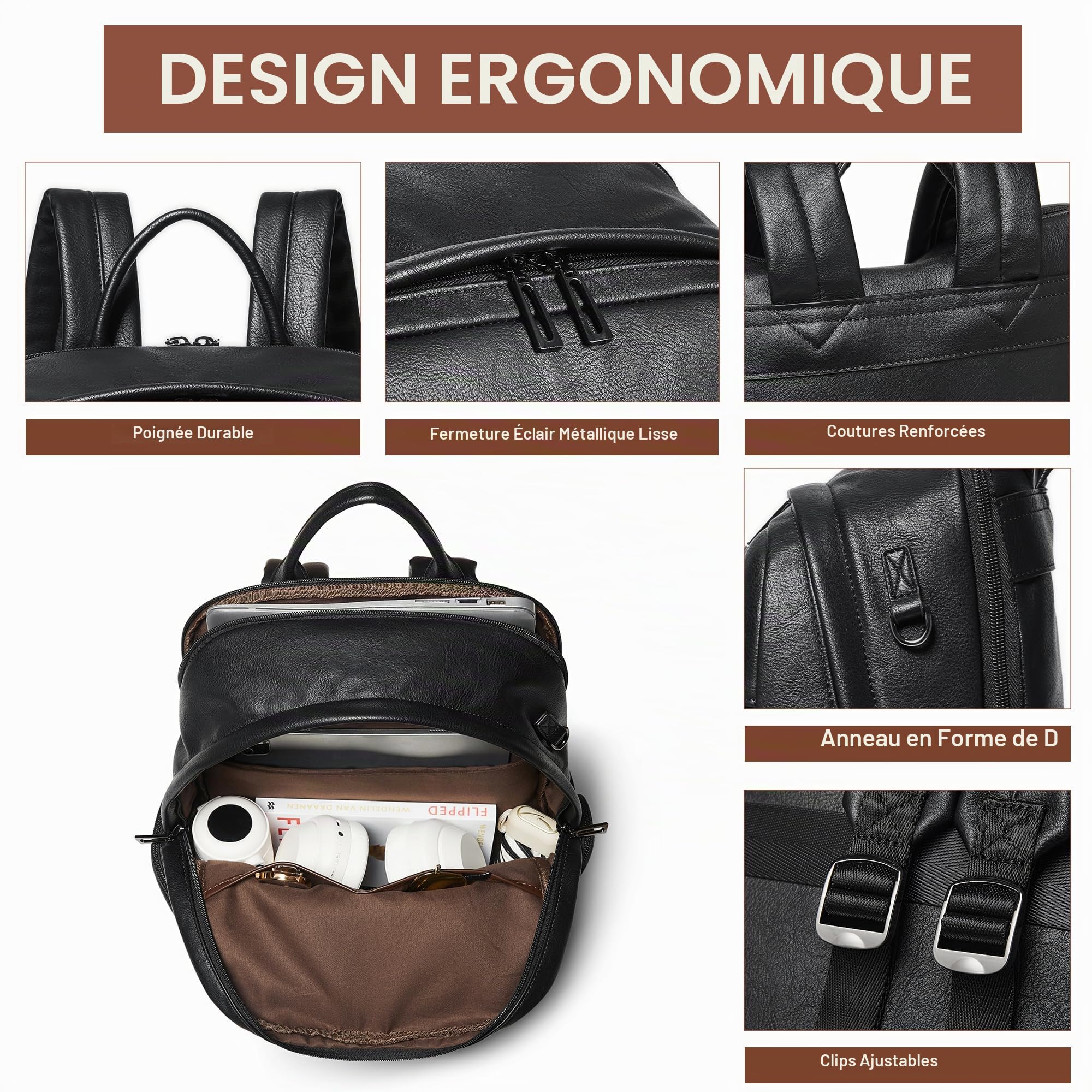 Sac à dos en cuir pour femme, sac à dos pour ordinateur portable de 15,6", sac à dos élégant, sac à dos pour le travail, les voyages, l'université