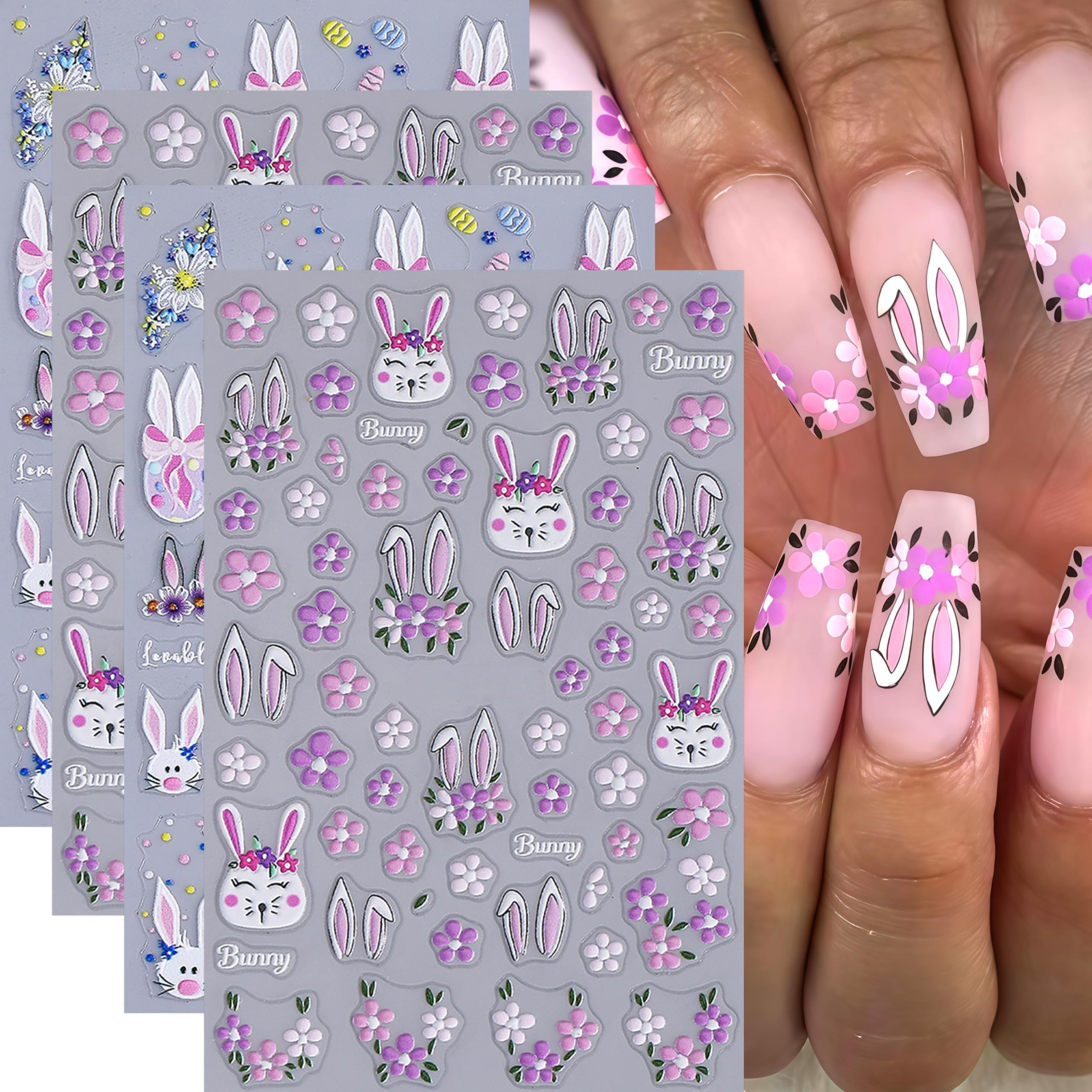 4 Sheets Easter Nail Stickers Cute Rabbit Nail Decals Self-Adhesive 5D Embossed Flower Nail Art Stickers Floral Rabbit Manicure Supplies Stickers Easter Pink Rabbit Nail Design Sticker for Women