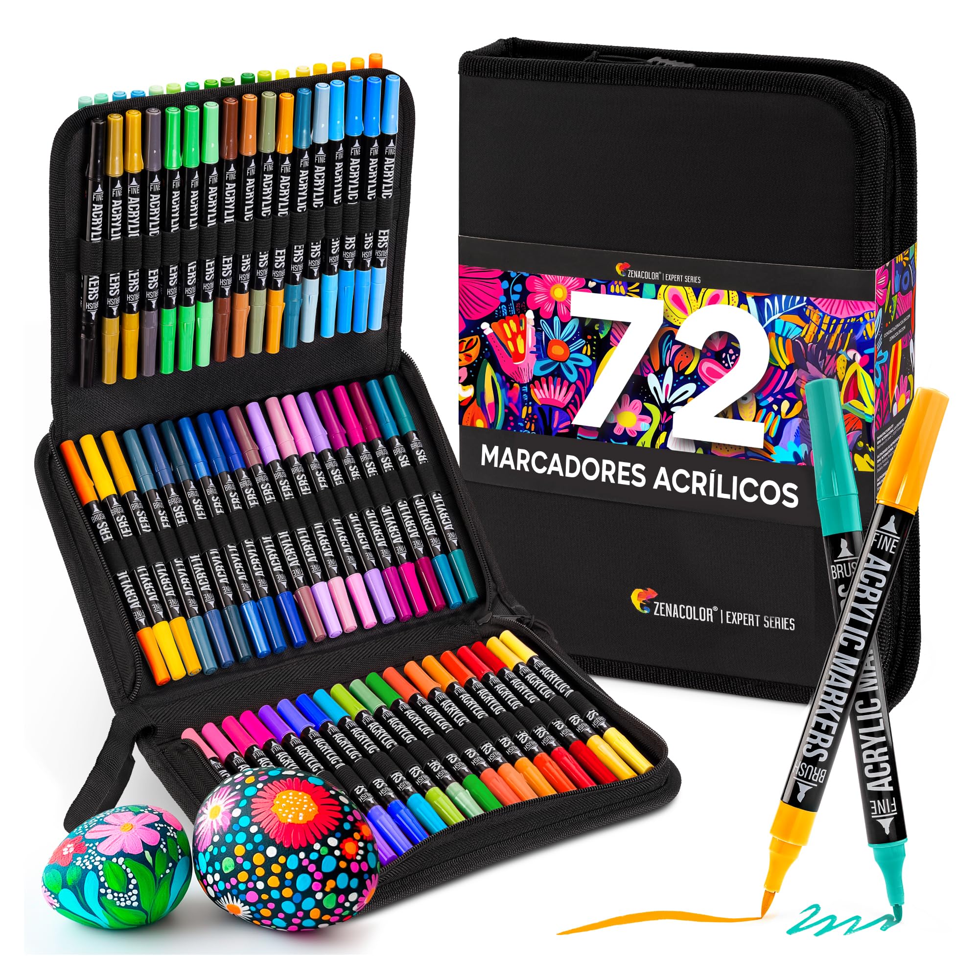 Zenacolor Rotuladores Acrilicos con Doble Punta (Punta Fina y Pincel) - 72 Colores de Acrylic Markers para Distintas Superficies - Marcadores Acrílicos para Pintar Estuche Incluido