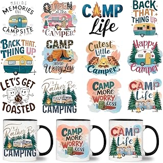 UV DTF Stickers - 12 Sheets Camping Life UV DTF Cup Wrap for Coffee Mugs Glass, DIY Decals for Tumblers, Waterproof Rub on Transfers for Crafts