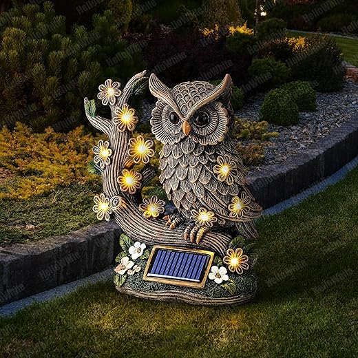 Solar Owl Garden Statue – Resin Figurine with 7 Flower LED Lights, Solar Panel, Rustic Handcrafted Design, Weather-Resistant, Gift-Ready for Outdoor or Indoor Use