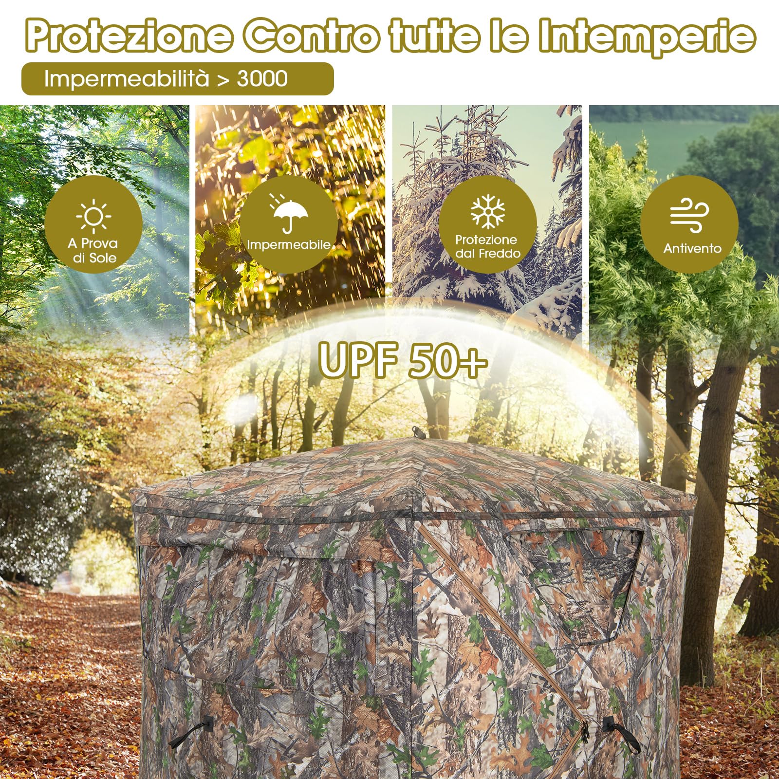 COSTWAY Tenda da Caccia Portatile a 270 Gradi Trasparente, Tenda a Caccia per 2-3 Persone con Finestre Scorrevoli Silenziose, Borsa per Trasporto