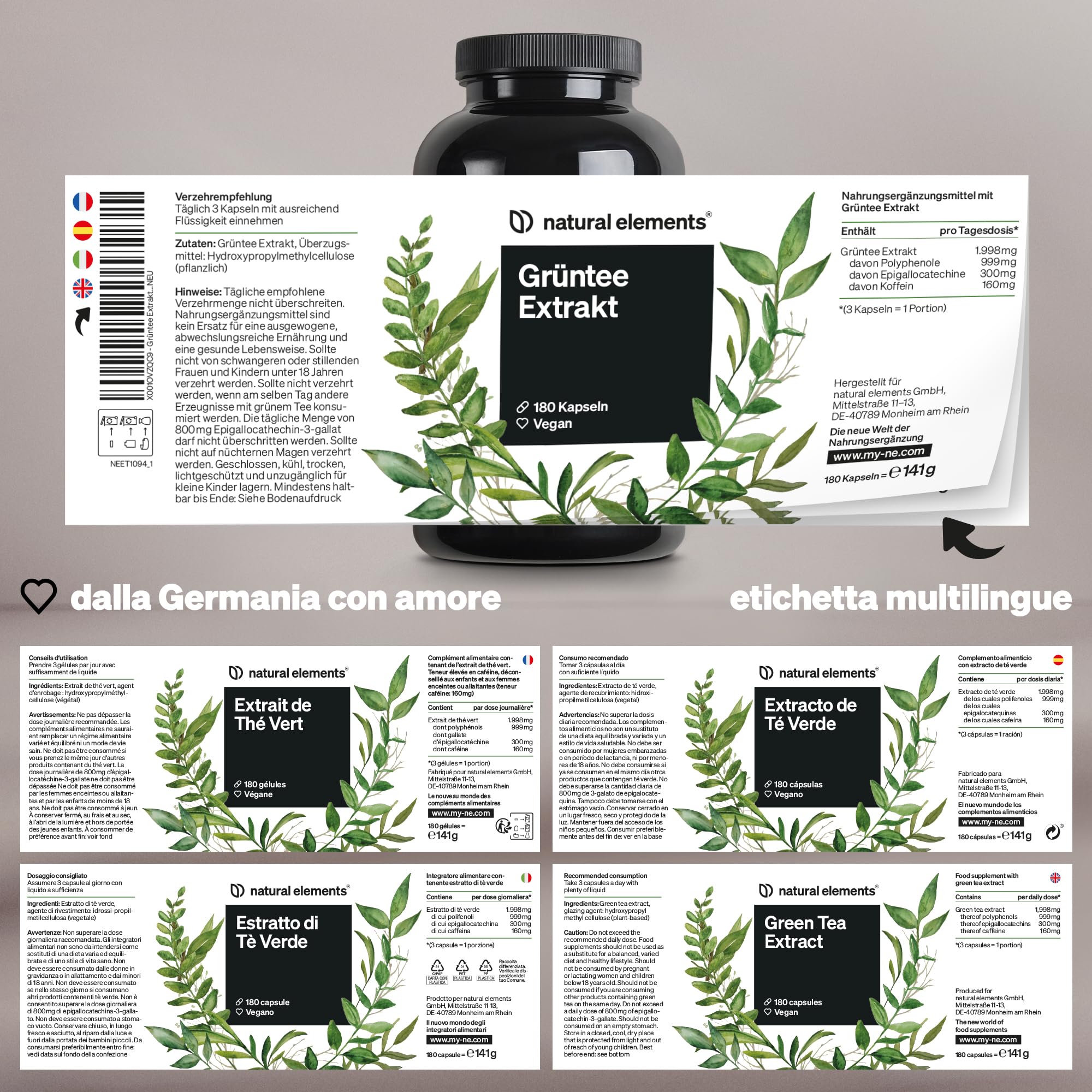 Estratto di tè verde 1998 mg per dose giornaliera – 180 capsule – con ECGC e polifenoli – vegano, alto dosaggio, zero additivi – prodotto e testato in laboratorio in Germania
