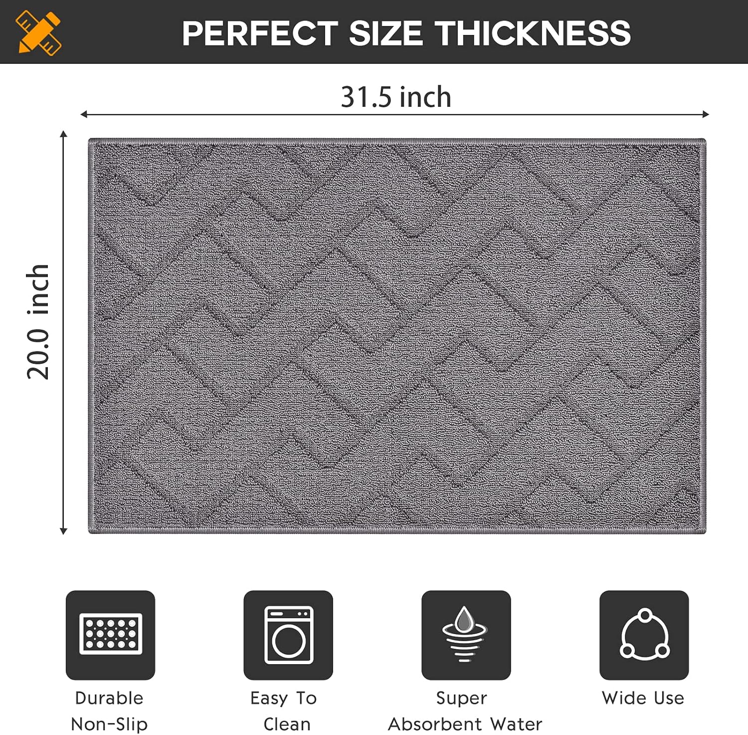 Indoor Doormat,Front Back Door Mat Rubber Backing Non Slip Door Mats 20”x31.5” Absorbent Resist Dirt Entrance Doormat Inside Floor Mats for Entryway Machine Washable Low-Profile (Grey) - Image 3