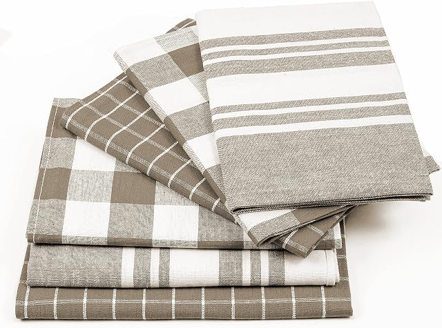 RZK Designs Tea Towels 100% Cotton Kitchen Towels Set Super Absorbent, Soft & Durable Towels Pack of 6 Tea Towels Cotton, 70 x 50 cm Grey and White Lint Free Dish Cloths