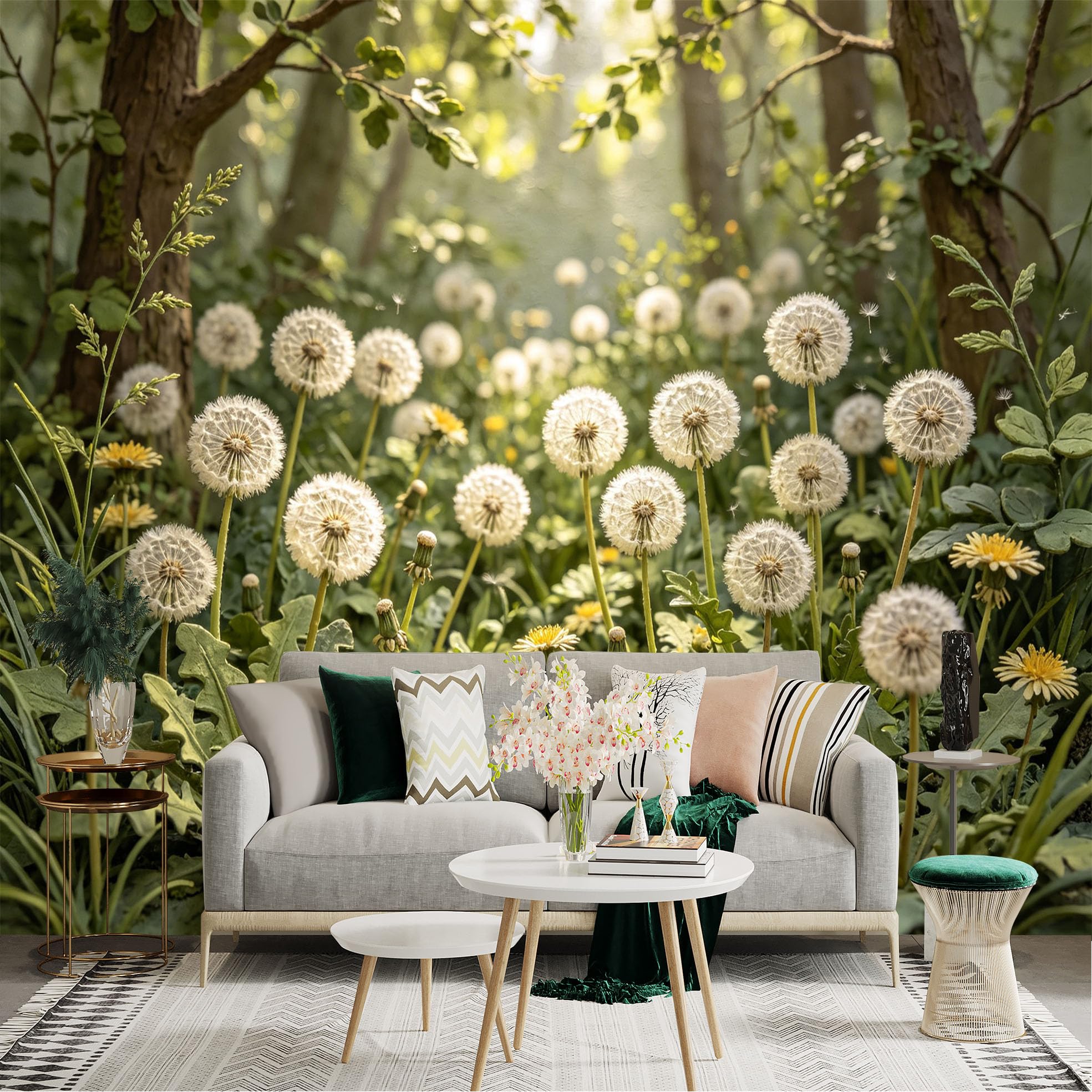 Custom Size Wall Sticker Mural， Fluffy White Dandelion Seeds in Sunlight， Peaceful Nature Meadow Scene， Botanical Forest Background， for wall Decoration， peelandstick wall Decals.