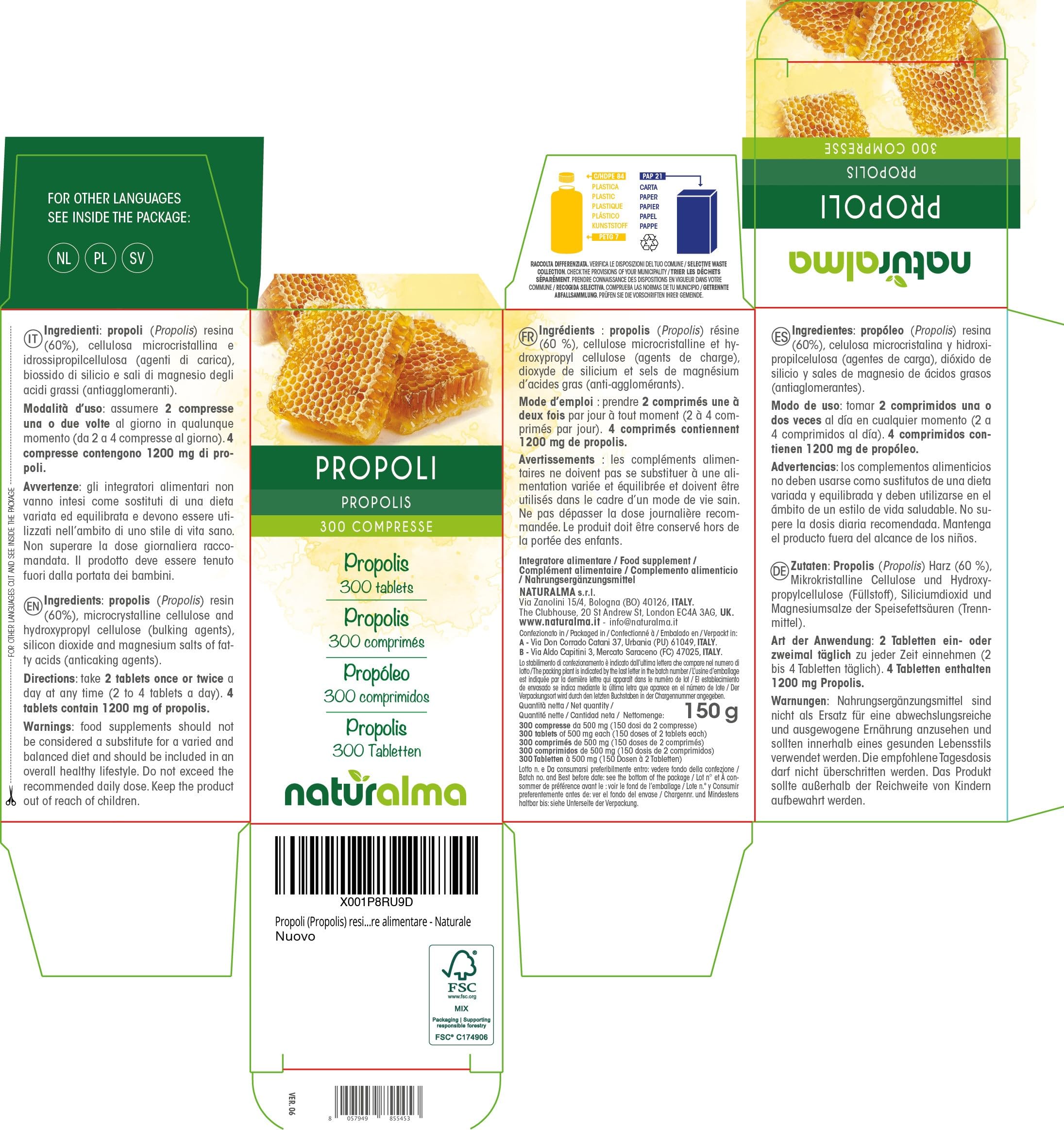 Propolis (Propolis) résine Naturalma - 150 g - 300 comprimés - Complément alimentaire - Naturel