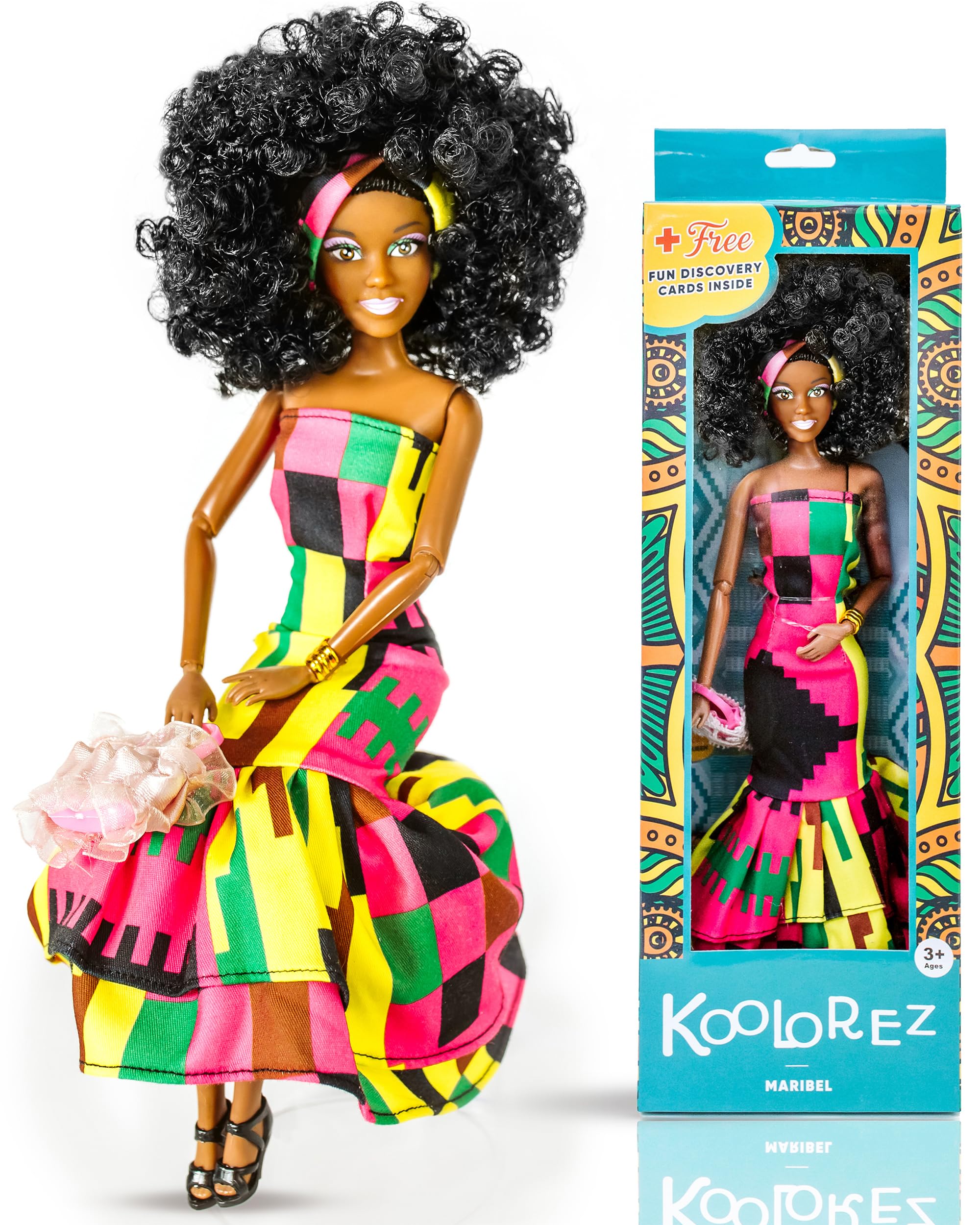 KOOLOREZ: Maribel - Our Queens Black Doll Set - Brown/Black Afro Doll w/Movable Joints - Lovely 12.5" Dark Skin Dolls & Diversity Dolls - Vinyl Dolls for Girls with African Heritage Style Outfit