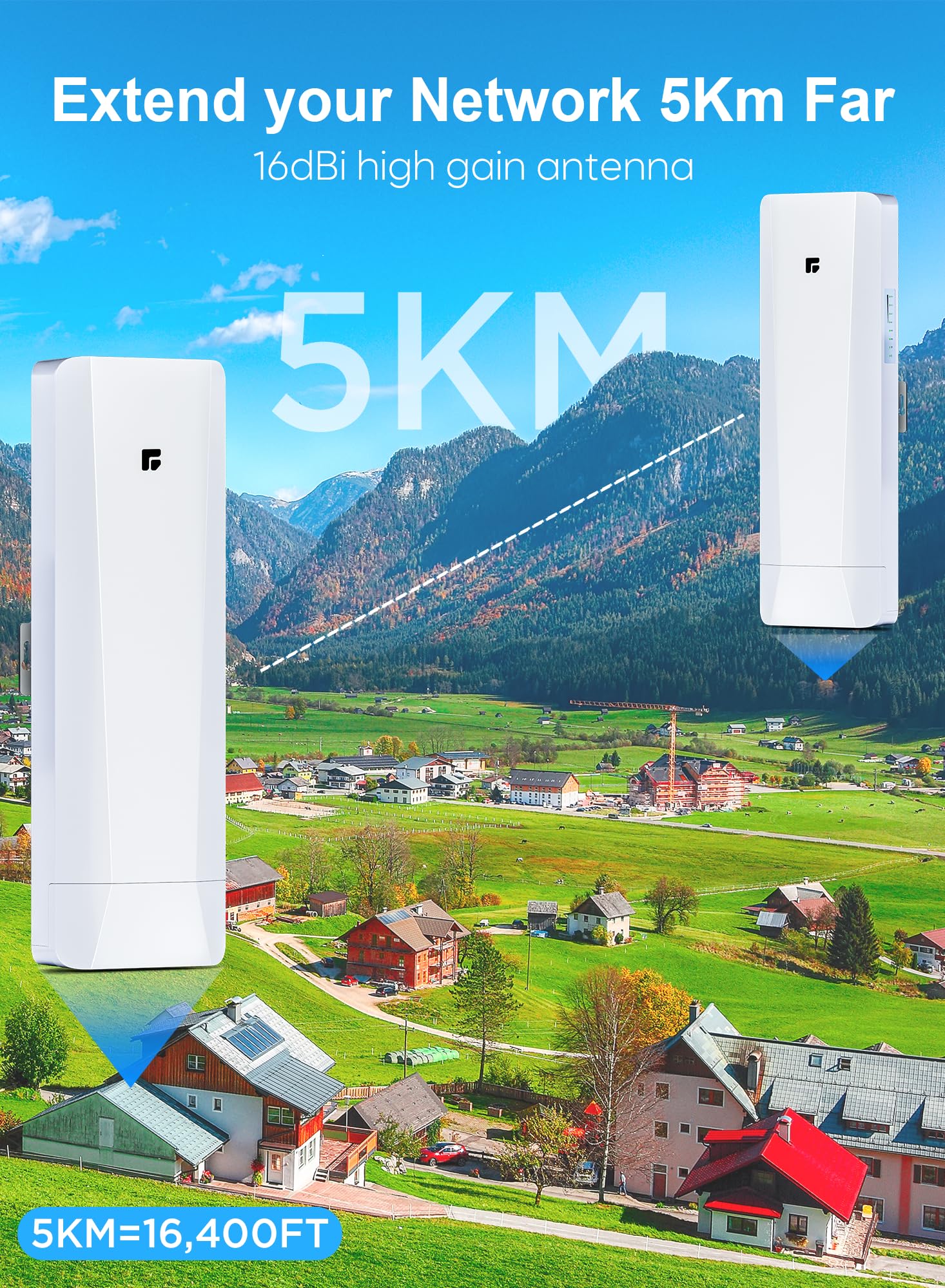 Lot de 2 ponts sans fil pré-configurés longue portée pour point à point, pont réseau haute vitesse 5 GHz avec hotspot, pour magasins, grange, garage, bâtiment, port LAN 100/1000 Mbps. Lot de 2 (5 km)