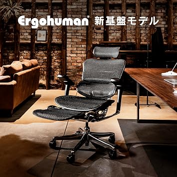 Ergohuman2 445396 Office Chair with Headrest, Built-in Ottoman, Elevating Type, Memory Locking Function, Elastolic Mesh, PU Caster Pro, Ottoman, Frame: Black, Mesh: Black, Mesh, Black