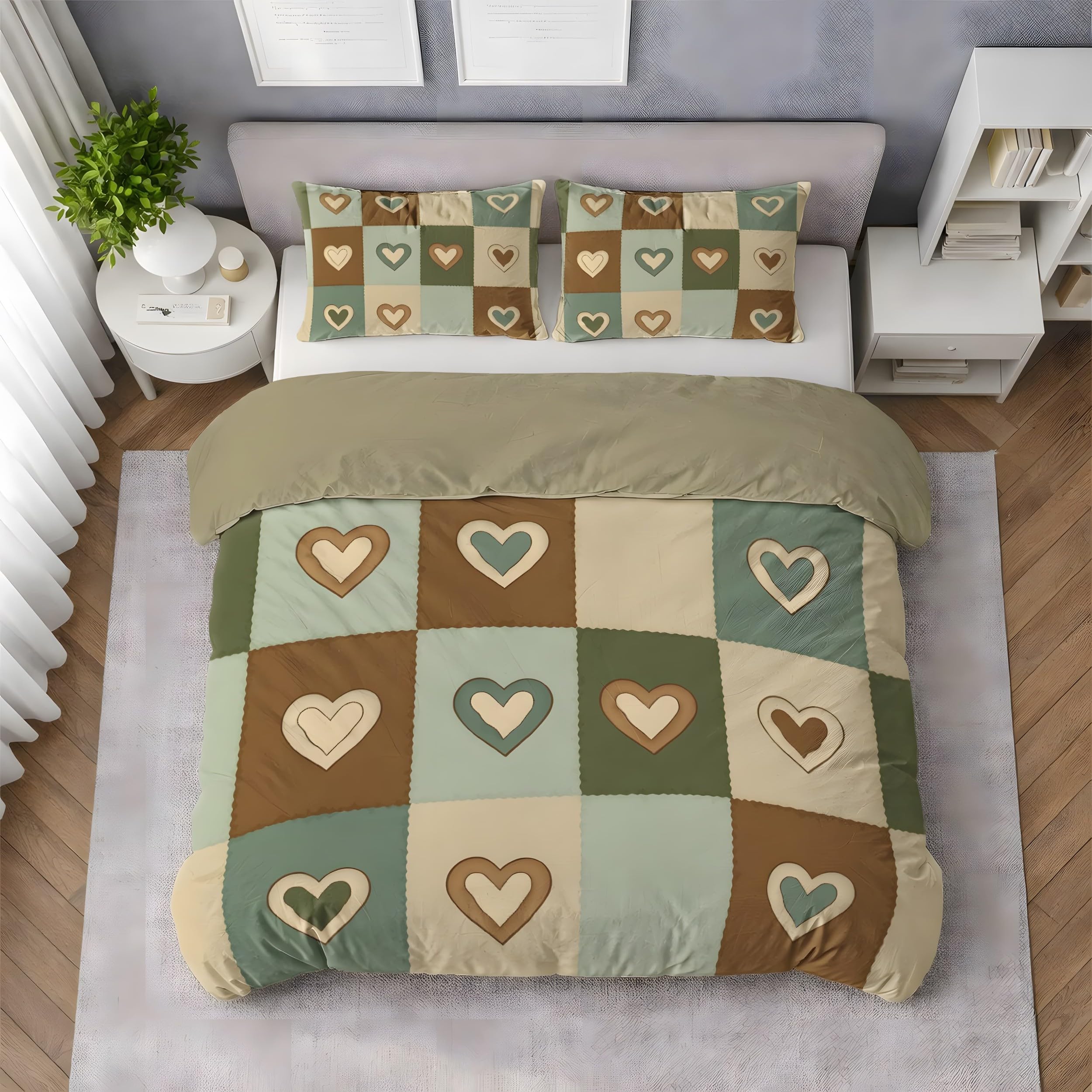YZQGLHP Green & Brown Plaid Emperor Duvet Cover Hearts Printed Microfiber King Size Duvet Cover Set with 2 Pillowcases 50x75 cm, Soft & Cozy, Easy Care with Hidden Zipper