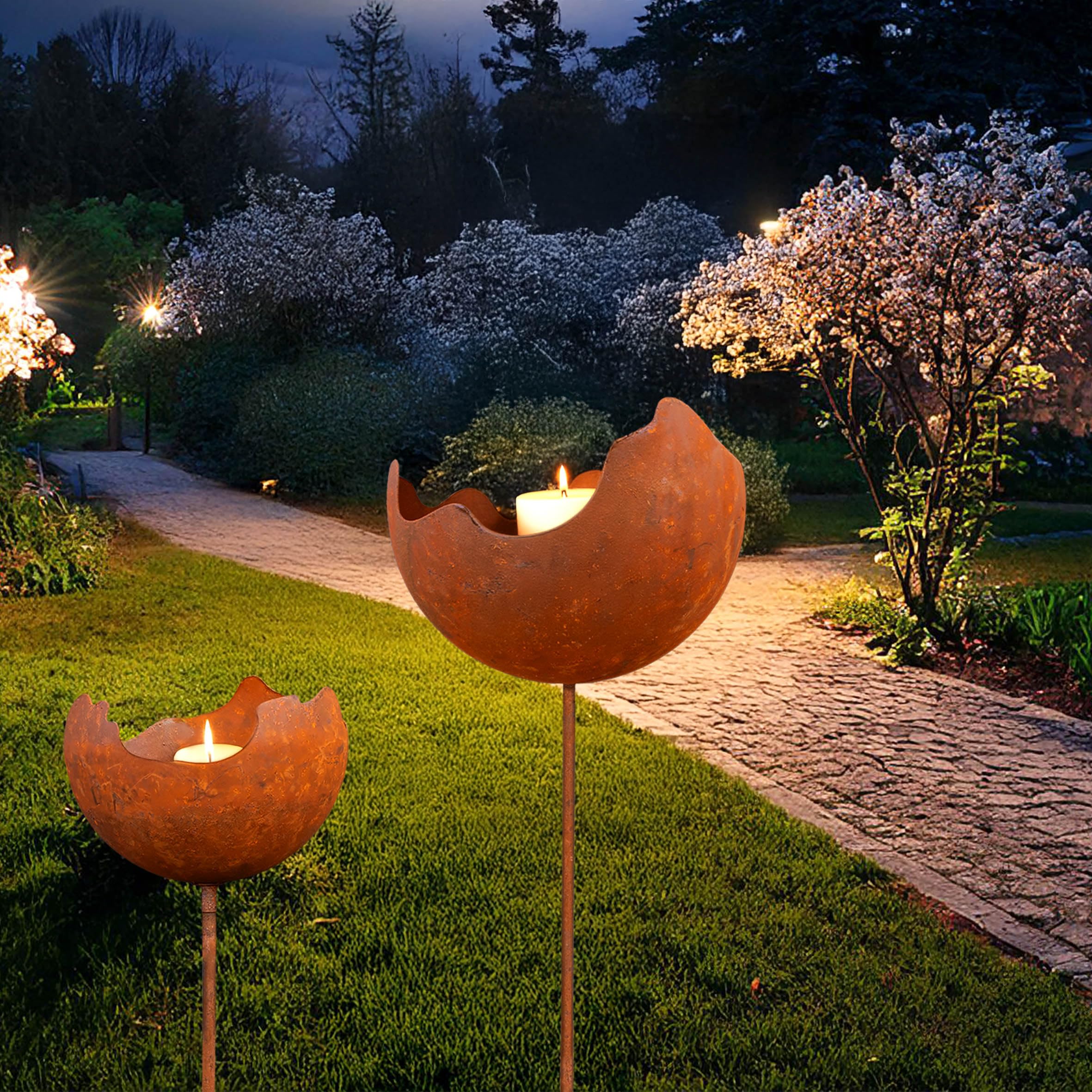 Lot de 2 boules de feu en métal rouillé - 92/70 cm - Photophore avec piquet - Décoration de jardin