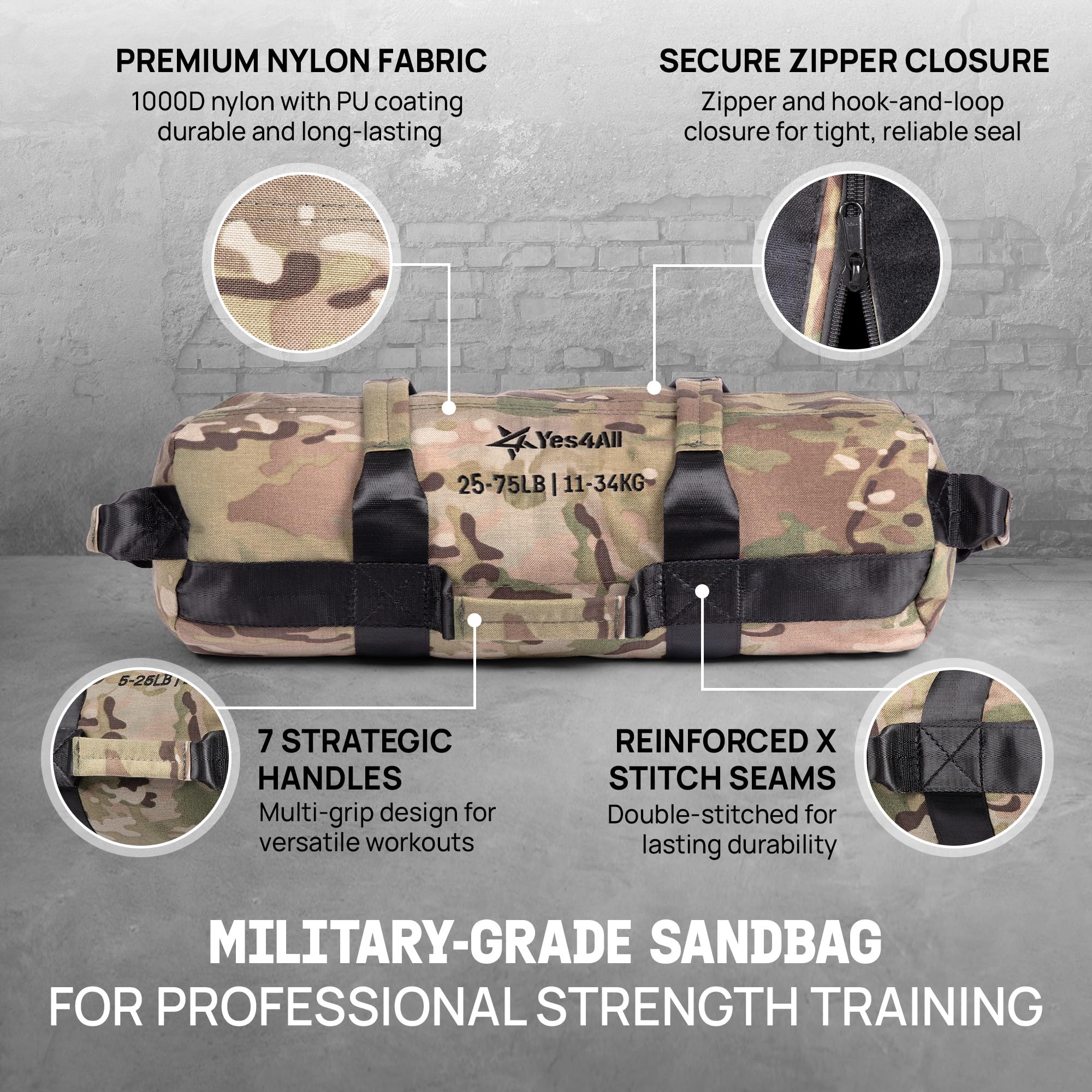 Yes4All Sandbag Regolabile per attività Fisica e Fitness con 7 Maniglie - Power Bag per allenamenti di Corsa, Core Bag per Molti allenamenti Esercizio Funzionali, e Forza 2-90kg