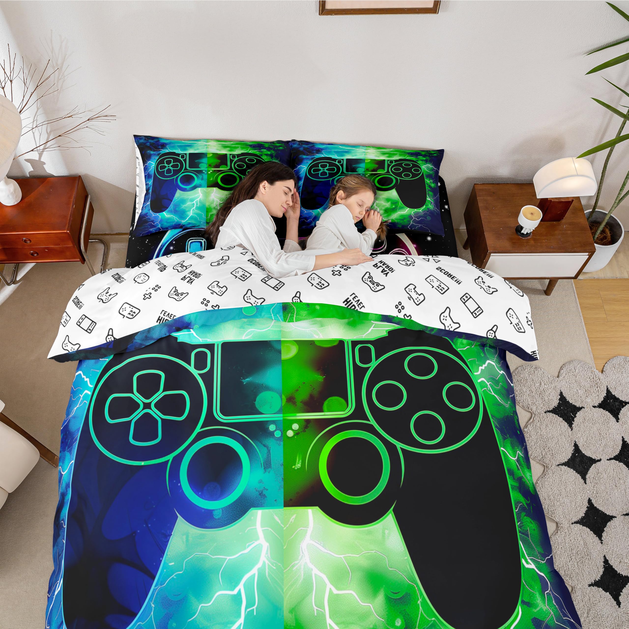 Loussiesd Set Biancheria Da Letto Gamer Con Pulsanti Azione - Copripiumino 135x200 Cm E Federa, Microfibra Morbida