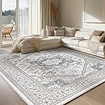OPPODREAM Soft Neutral Area Rugs 5x7, 5x7 Washable Rug with Non Slip Backing, 5 x 7 Faux Cashmere Low-Pile Carpet, Cream White & Blue & Light Brown