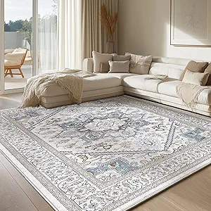 OPPODREAM Soft Neutral Area Rugs 5x7, 5x7 Washable Rug with Non Slip Backing, 5 x 7 Faux Cashmere Low-Pile Carpet, Cream White & Blue & Light Brown