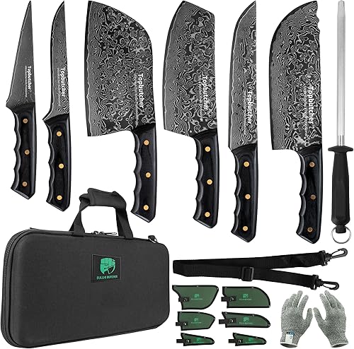 Juego de cuchillos de carnicero para chef profesional, damasco japonés negro, agarre firme, incluye funda de cuchillo, palo para afilar cuchillos,