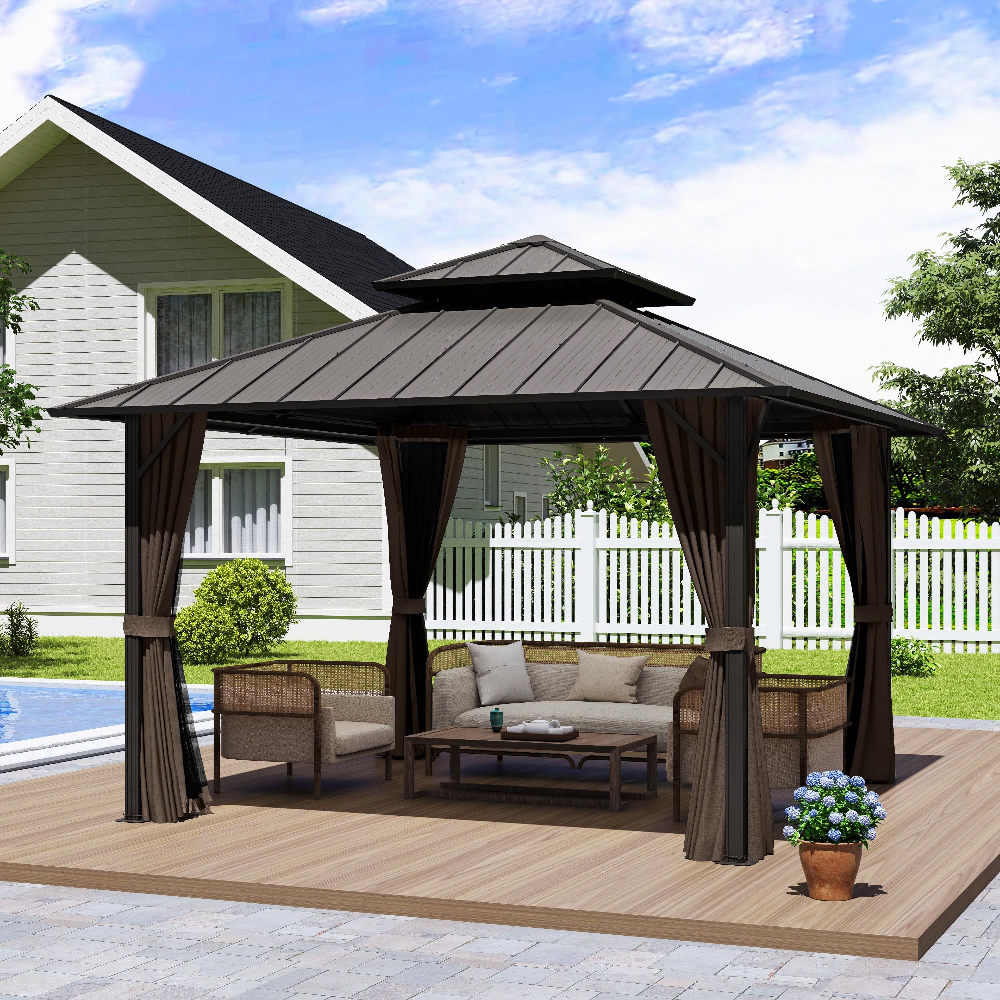 LUXIJOY 12' x 12' Hardtop Gazebo, Aluminum Frame with Double Galvanized Steel Roof, Outdoor Metal Gazebo with Netting & Curtains for Backyard, Garden,