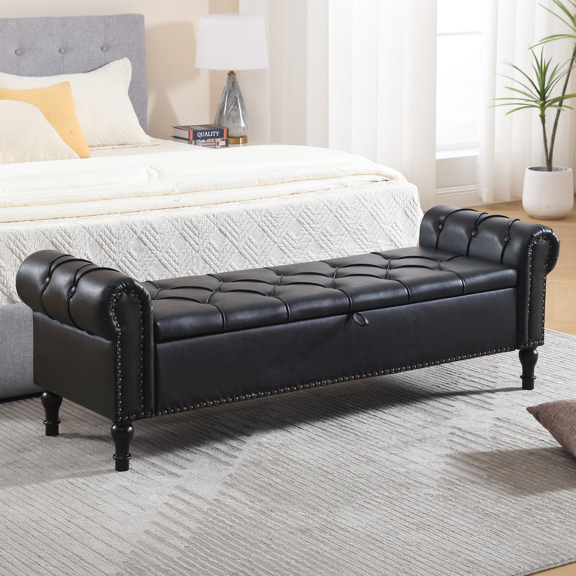 HOMYKA Leather Storage Bench 67 Inch Upholstered Tufted Ottoman Bench with Arms King Size End of Bed Bench for Bedroom Living Room Entryway Black