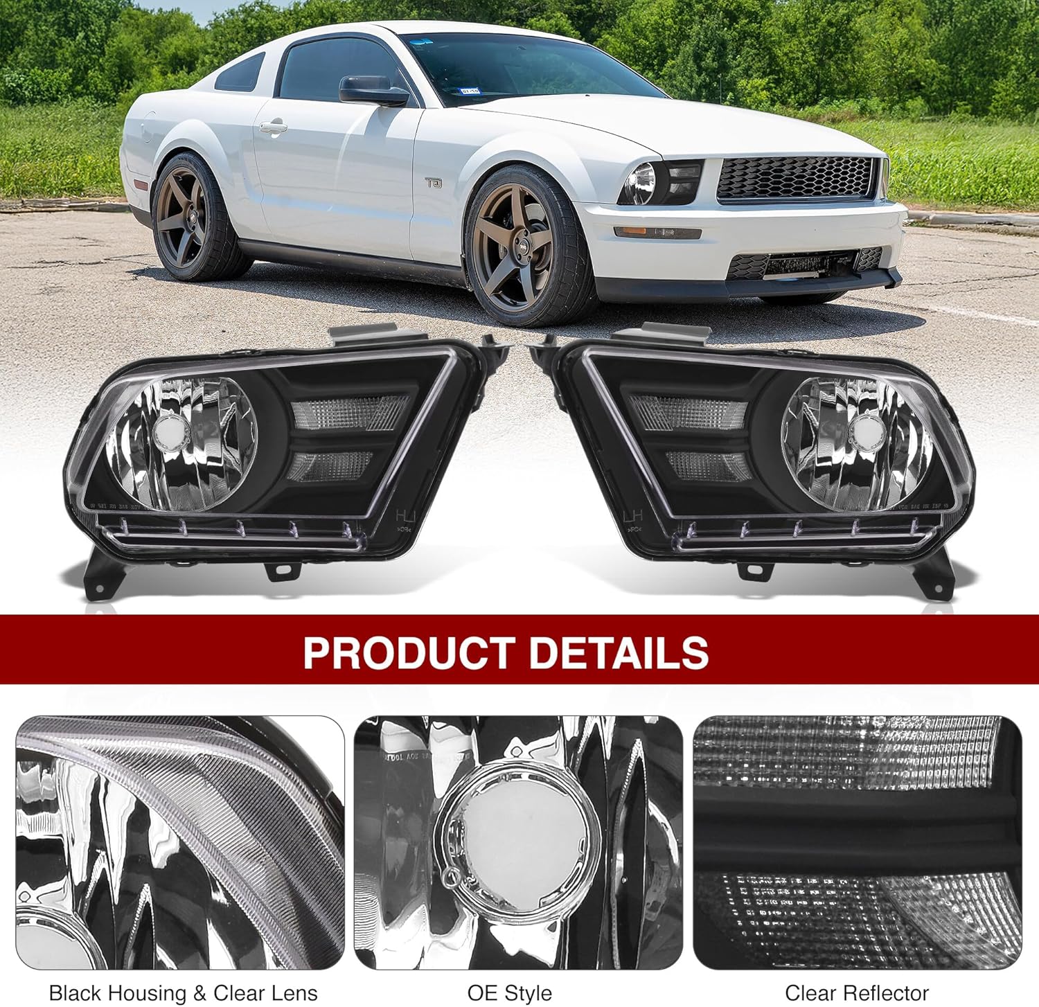 AJP Distributors Black Housing Clear Lens Signal Reflector Headlights Bumper Lights Driving Lamps Assembly Pair LH & RH Compatible/Replacement for Mustang S197 2010 2011 2012 2013 2014 10 11 12 13 14