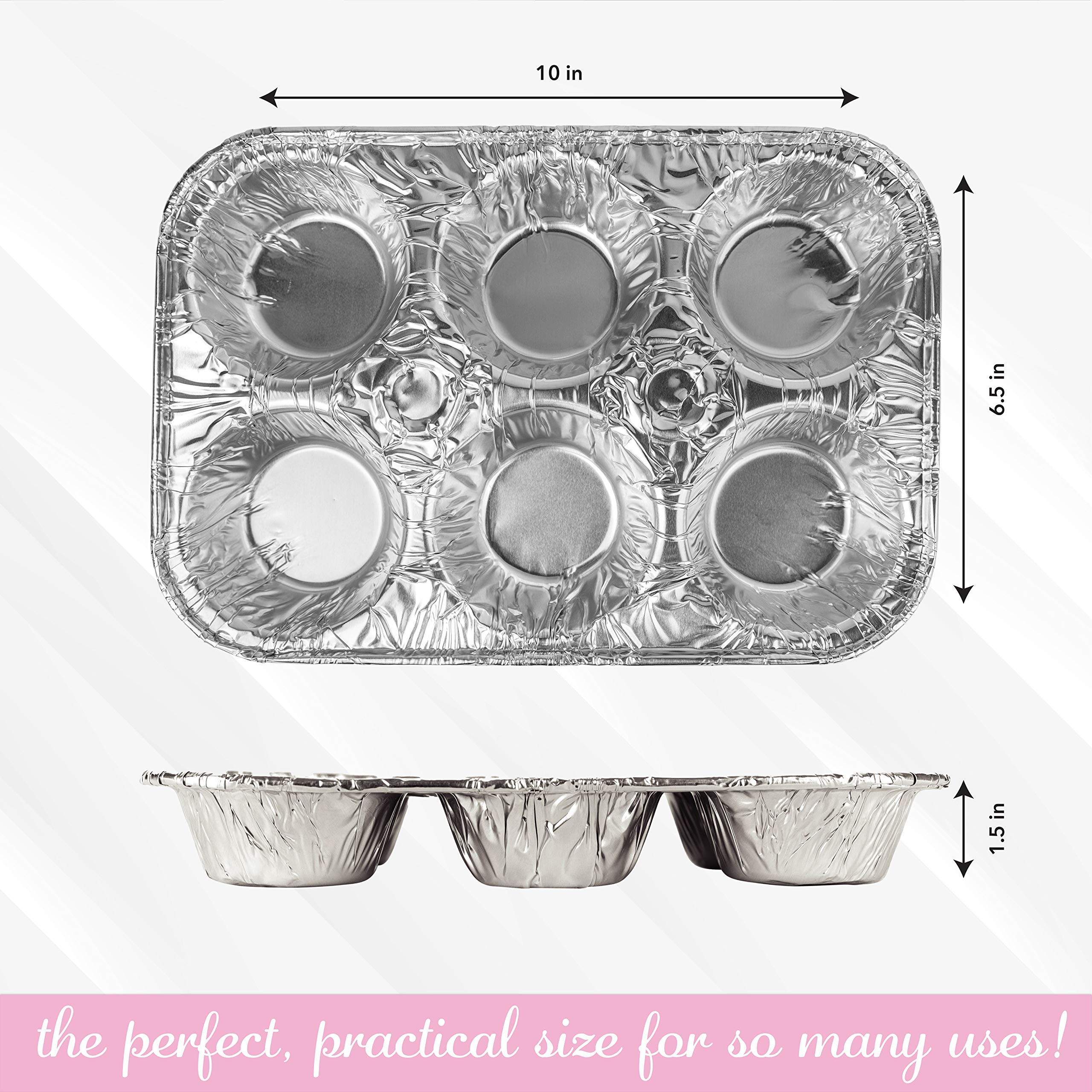 PLASTICPRO Aluminum Foil Muffin Pans Reusable and Disposable, Holds 6 Cupcakes/Muffin & Pie foil Pan Pack of 50
