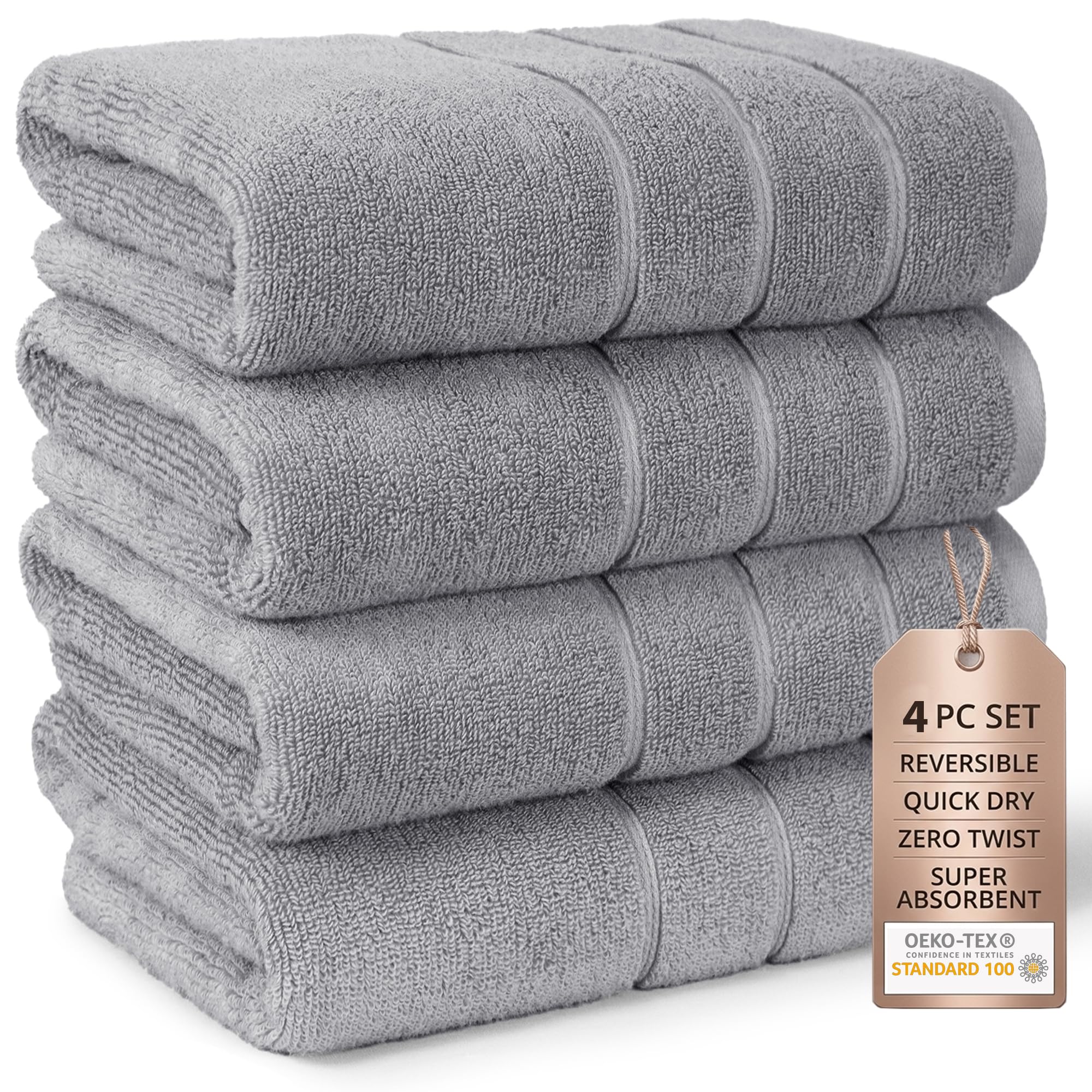 MYTRIDENT Grey Towels, Pack of 4 Large Bathroom Towels, Low Lint & Soft