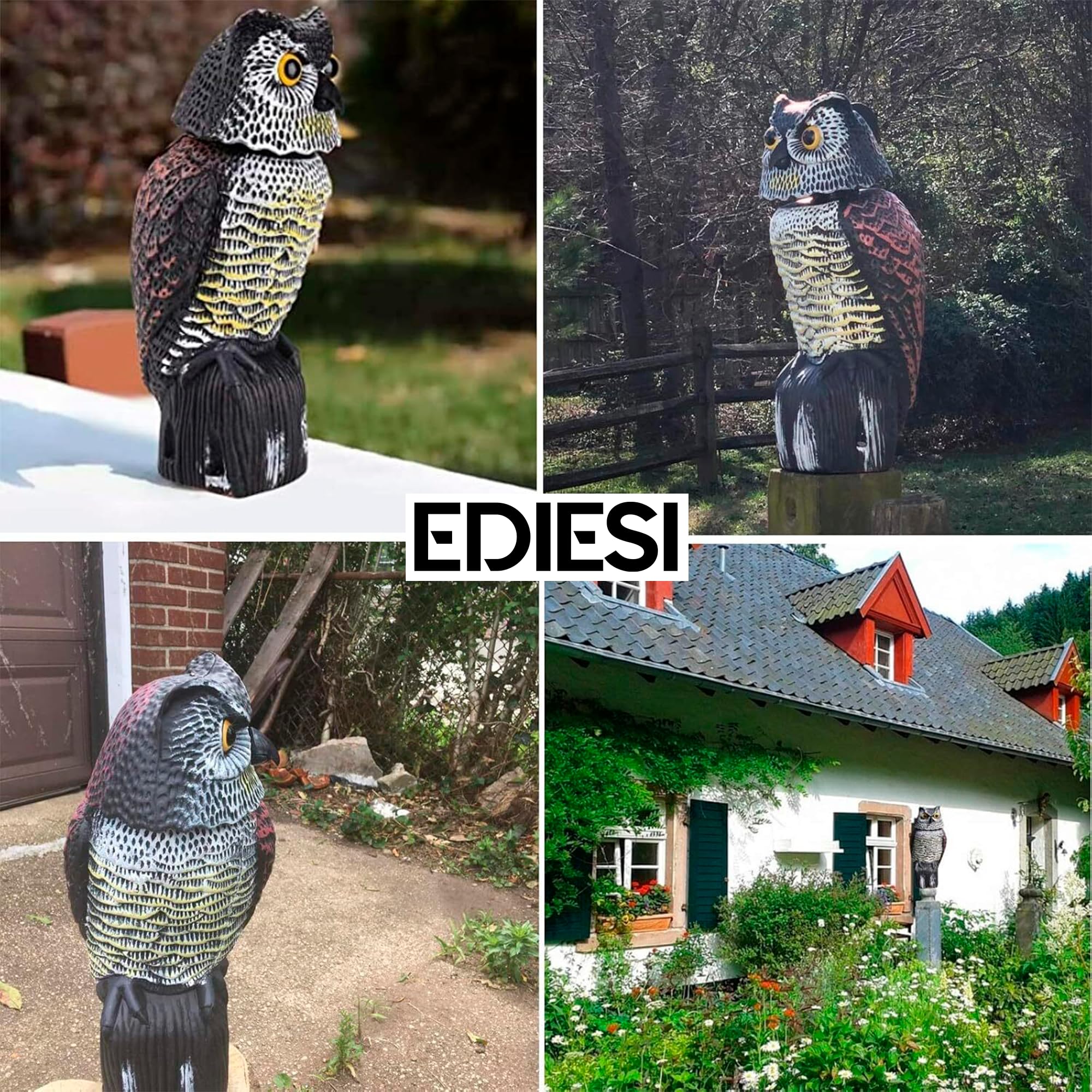 Ediesi, Odstraszacz ptaków i strachów na wróble na zewnątrz, naturalny i realistyczny z obracającą się o 360° głowicą, ochrona przed gołębiami do ogrodu i ogrodu