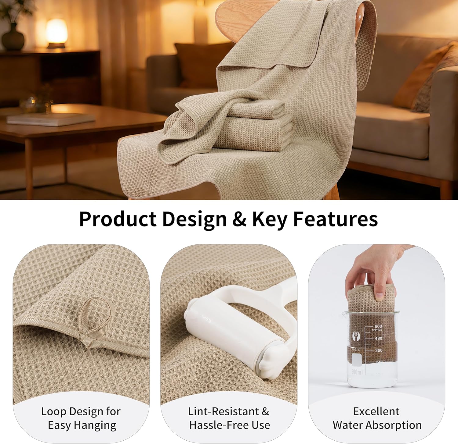 MICROFI Waffle Weave Bath Towel Set, Microfiber, 4 Pieces (Body/Hair/Hand/Face), Quick Dry, Lightweight, Super Absorbent, Lint Free, 380 GSM (Beige)