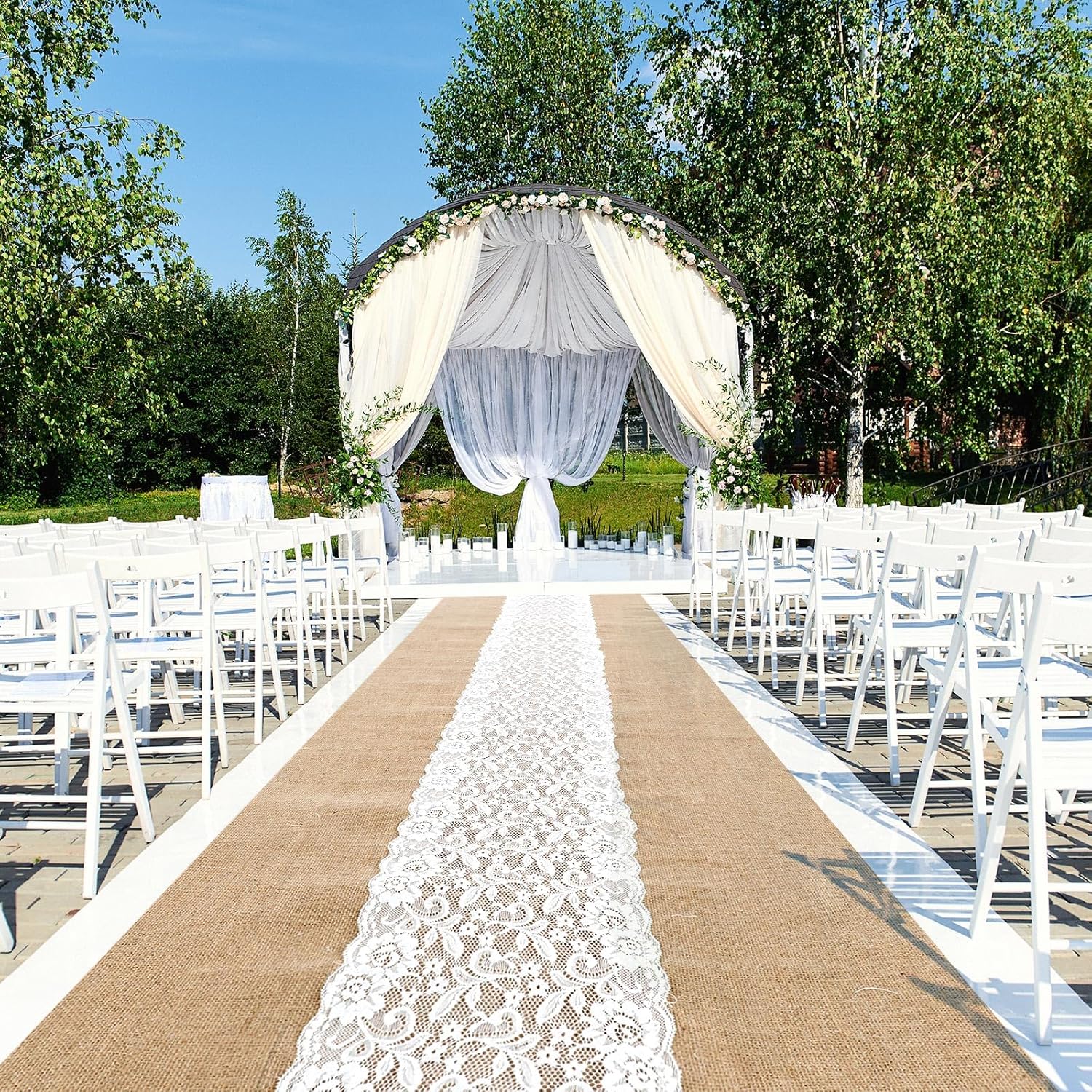 Preboun 3ft x 20 ft Wedding Aisle Runner Outdoor Natural Burlap Aisle Runner for Wedding Ceremony Wide Rustic Jute Carpet Rug with Lace Outdoor Beach Ceremony Decorations for Garden Lawn Church