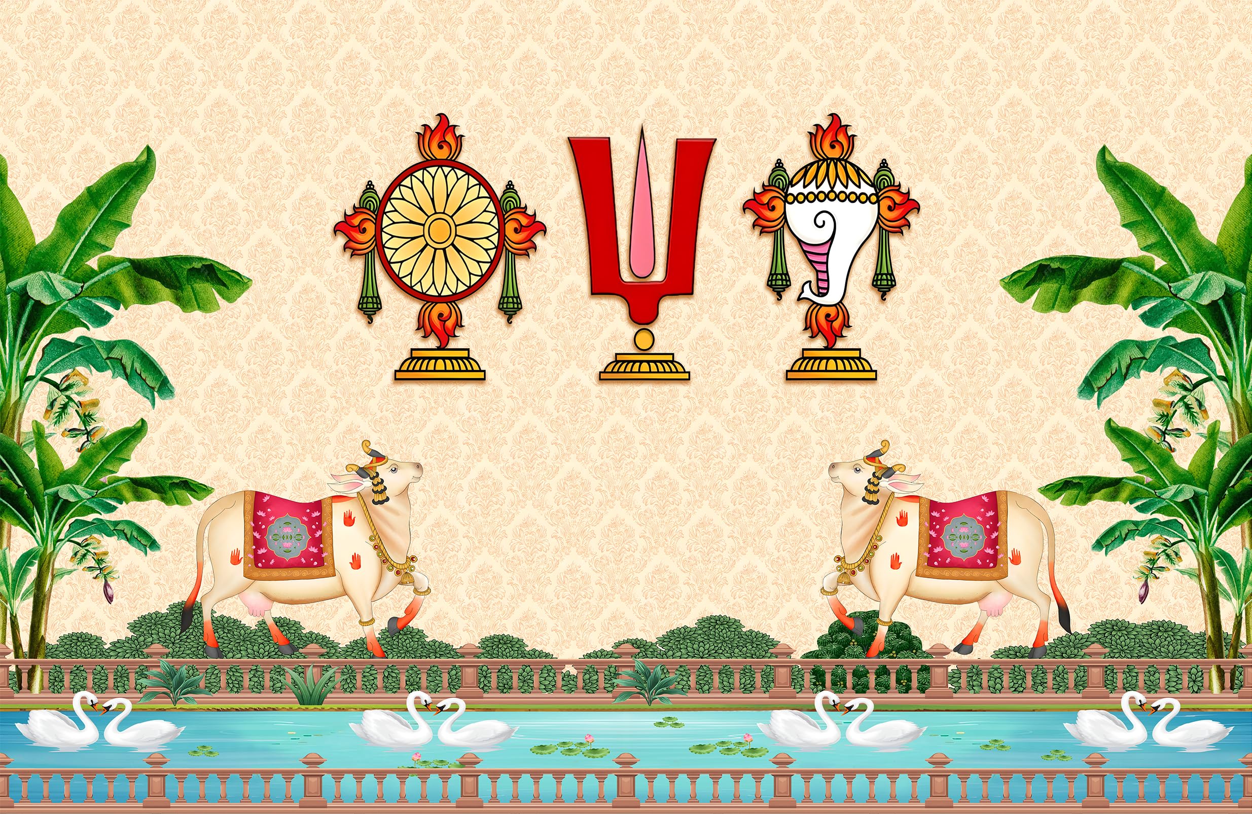 Tilak Shankam and Chakram Backdrop Cloth for Pooja Decoration (5FT-8FT) Traditional Background Curtain Cloth for Festival. (Washable Fabric)-image-10
