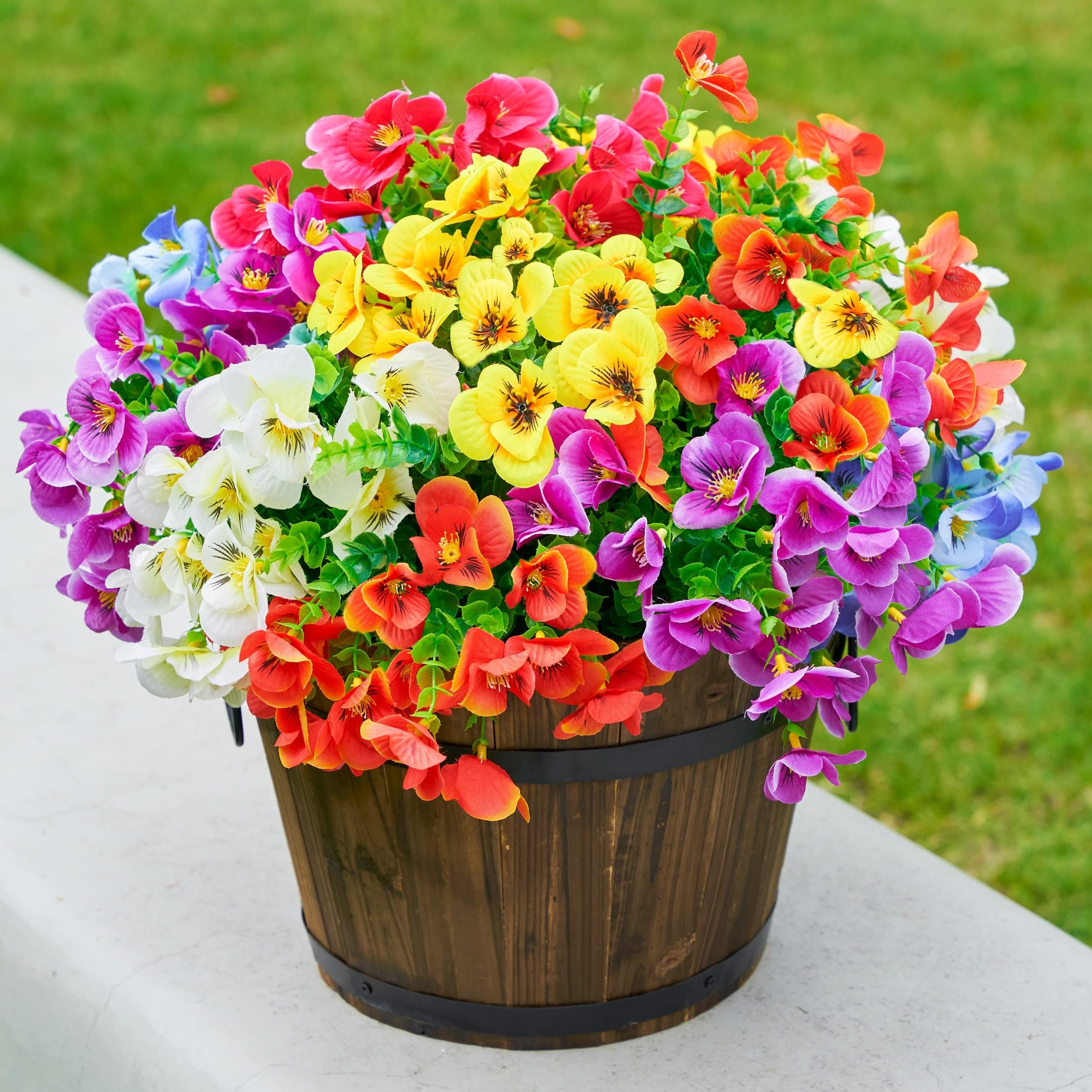 Ivydale Artificial Pansies Faux Flowers Plants for Outdoor Decor, 12 Bundles Fake Pansy UV Resistant Realistic Silk Flowers Bouquets with Eucalyptus for Planter Front Door Garden Porch Patio Yard