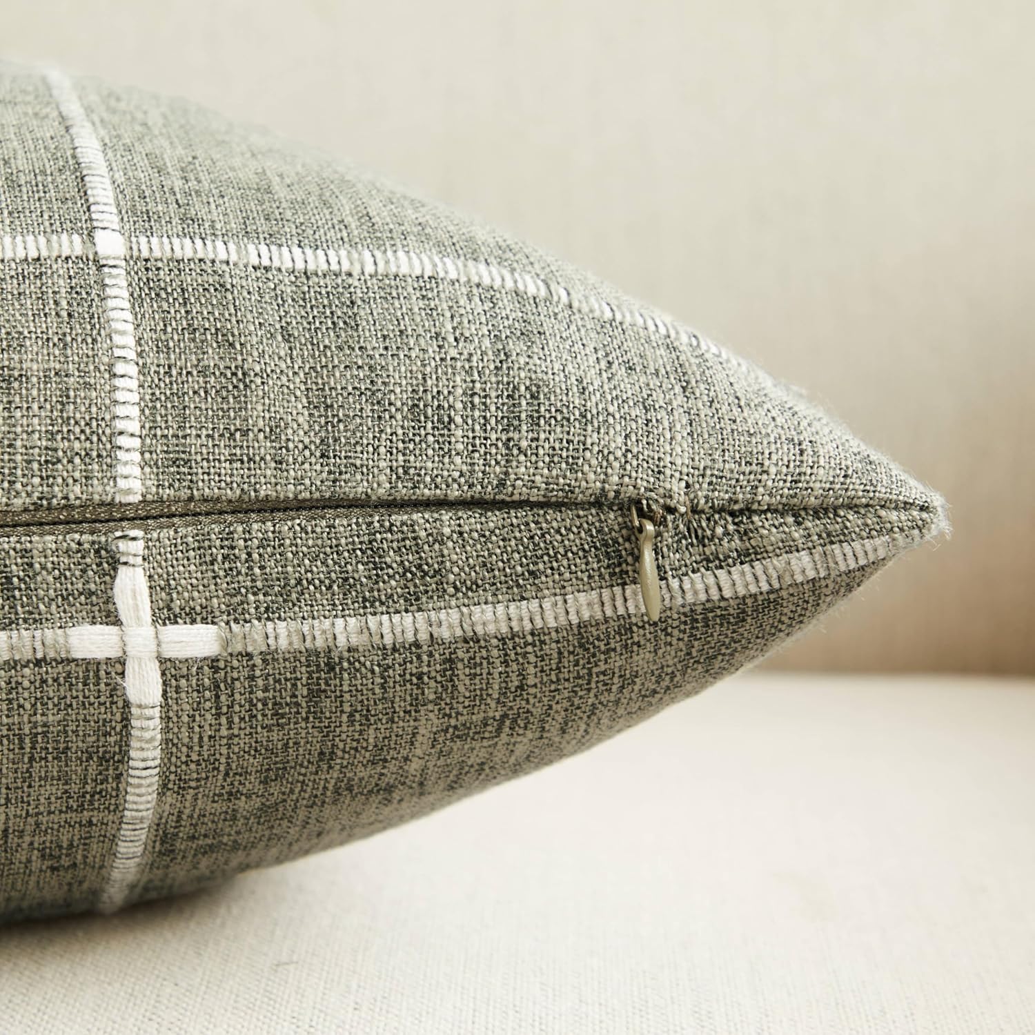 2 Packs Grid Embroidery Throw Pillow Covers, 20x20 Inch Olive, Farmhouse Linen Decorative Olive Cushion Covers for Sofa Bed Living Room Home Decor