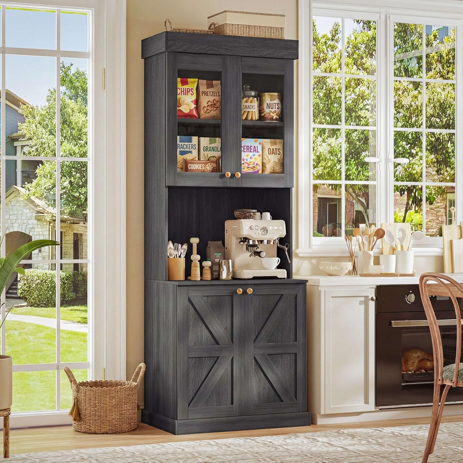 71" Black Farmhouse Kitchen Pantry Cabinet Set of 3— Freestanding Coffee Bar with Glass Doors or Drawers, Microwave Stand, Large Storage Hutch with Adjustable Shelves for Living Room and Kitchen