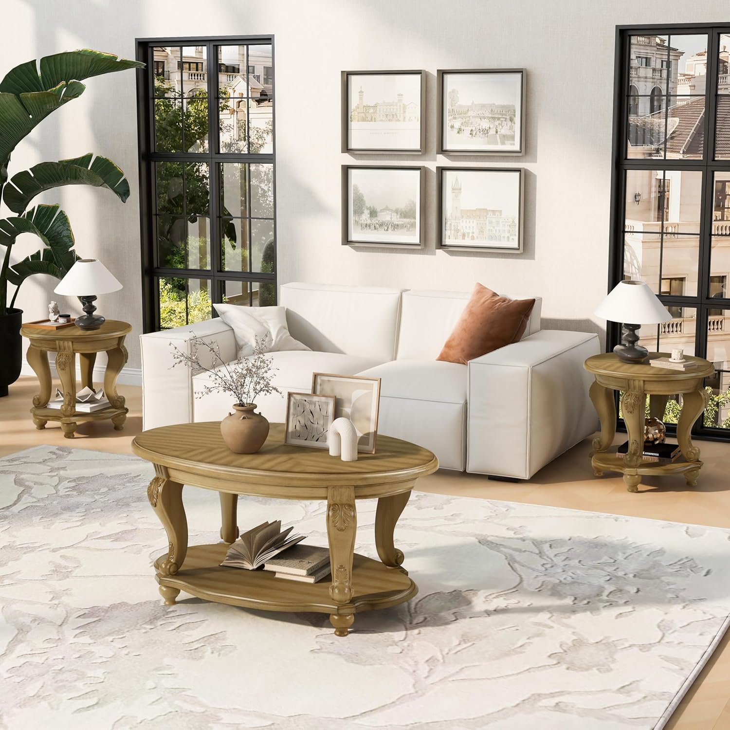 Living Room Coffee Table Set of 3, Mid Century Modern Oval Coffee Table with Open Storage Shelf and 2 Round Side Tables, Antique Natural