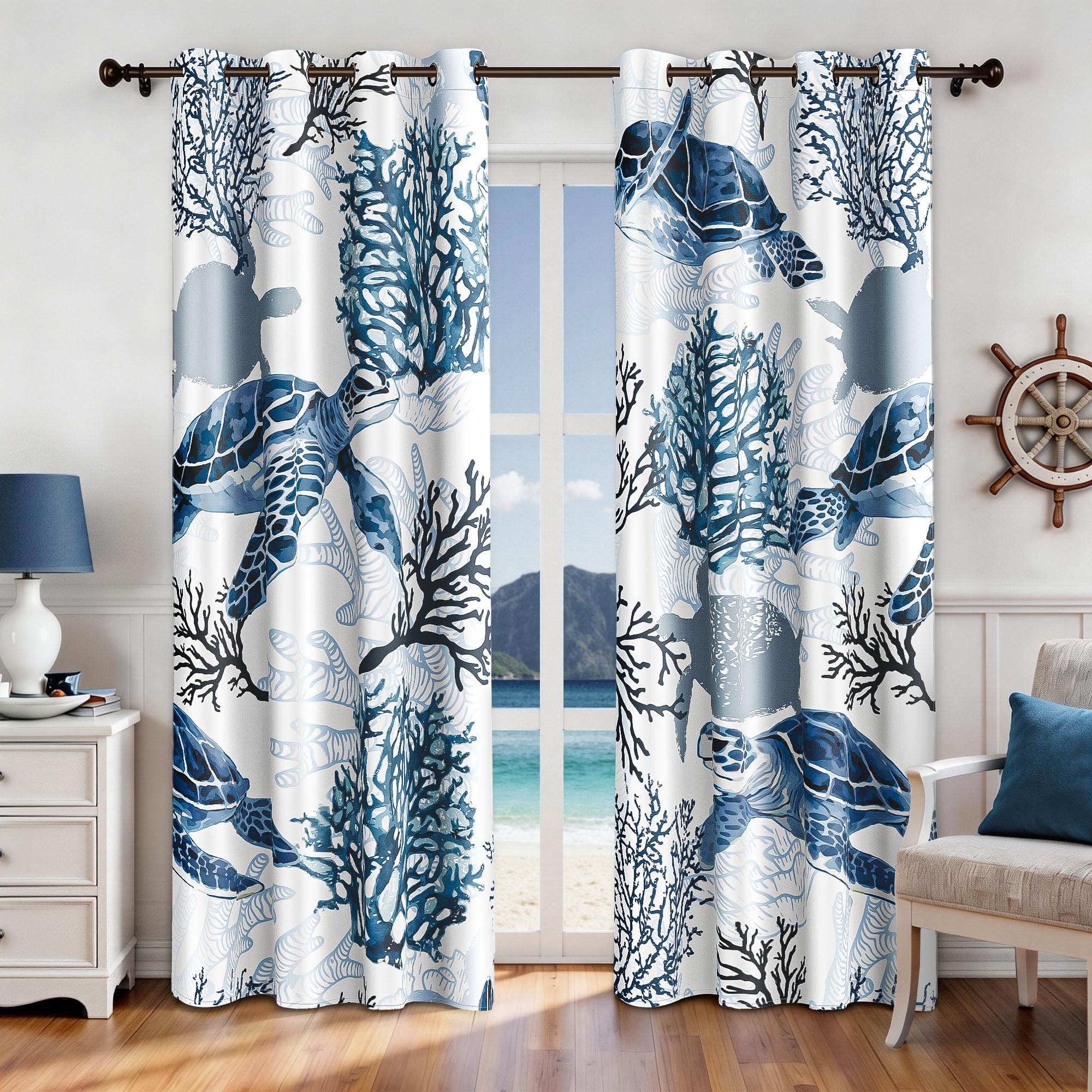 ALDNMBR Coastal Sea Turtle Print Grommet Curtains, 50% Light Blocking Polyester Window Drapes, Navy Blue & White 2 Panels Set, Nautical Decor Sea Turtle-50% Blackout W 52 x L 63 (2 Panels)