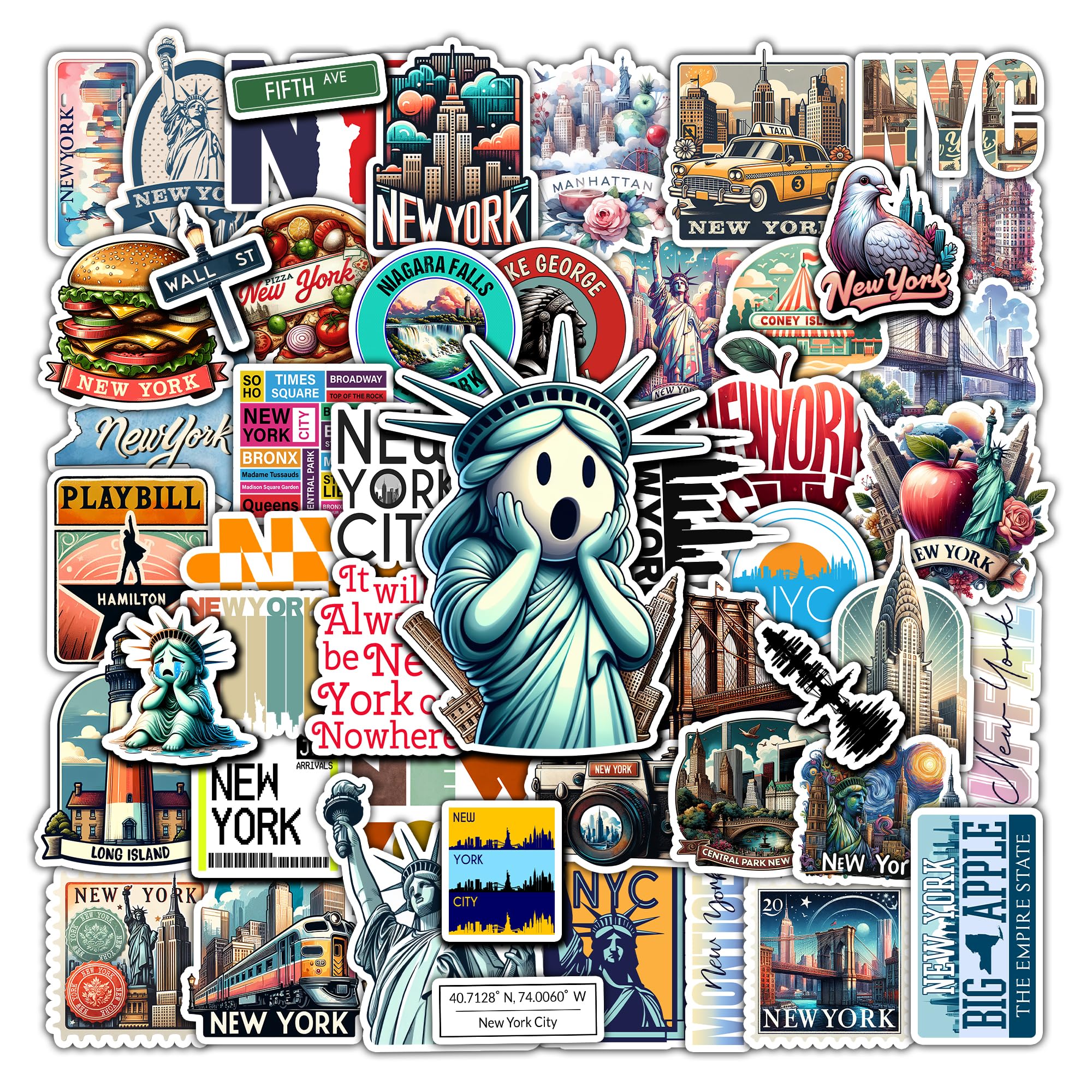 WESILY Pack 50 PCS Iconic New York State Stickers USA Themed America Vacation Travel Waterproof Vinyl Decals Gouache Style for Laptop Suitcase