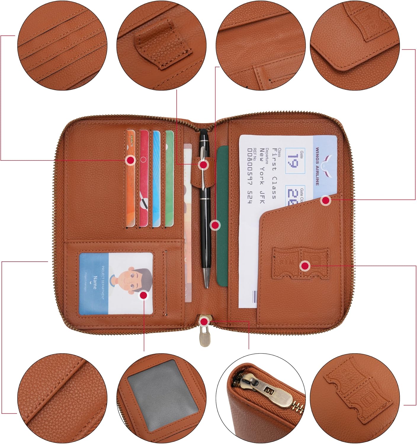 Leather Zipper Passport Wallet Holder Travel Essentials with RFID Blocking