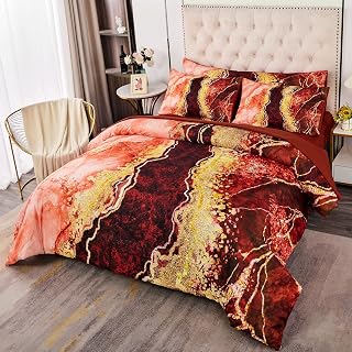 PERFEMET Queen Orange Watercolor Marble bedding