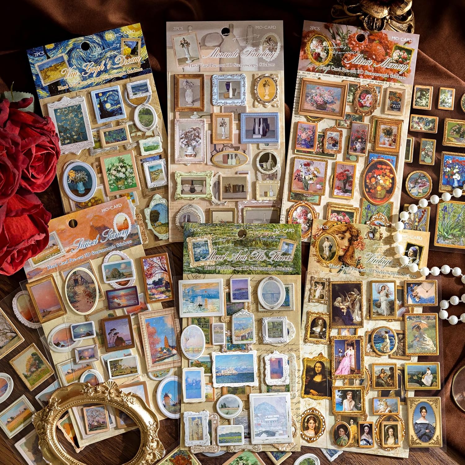 12 Sheets Vintage Scrapbook Stickers Oil Paintings for Journaling Retro Aesthetic Pre-Cut 3D Decorative Stickers Embellishments for Bullet Junk Journals DIY Crafts, Famous Painting Series