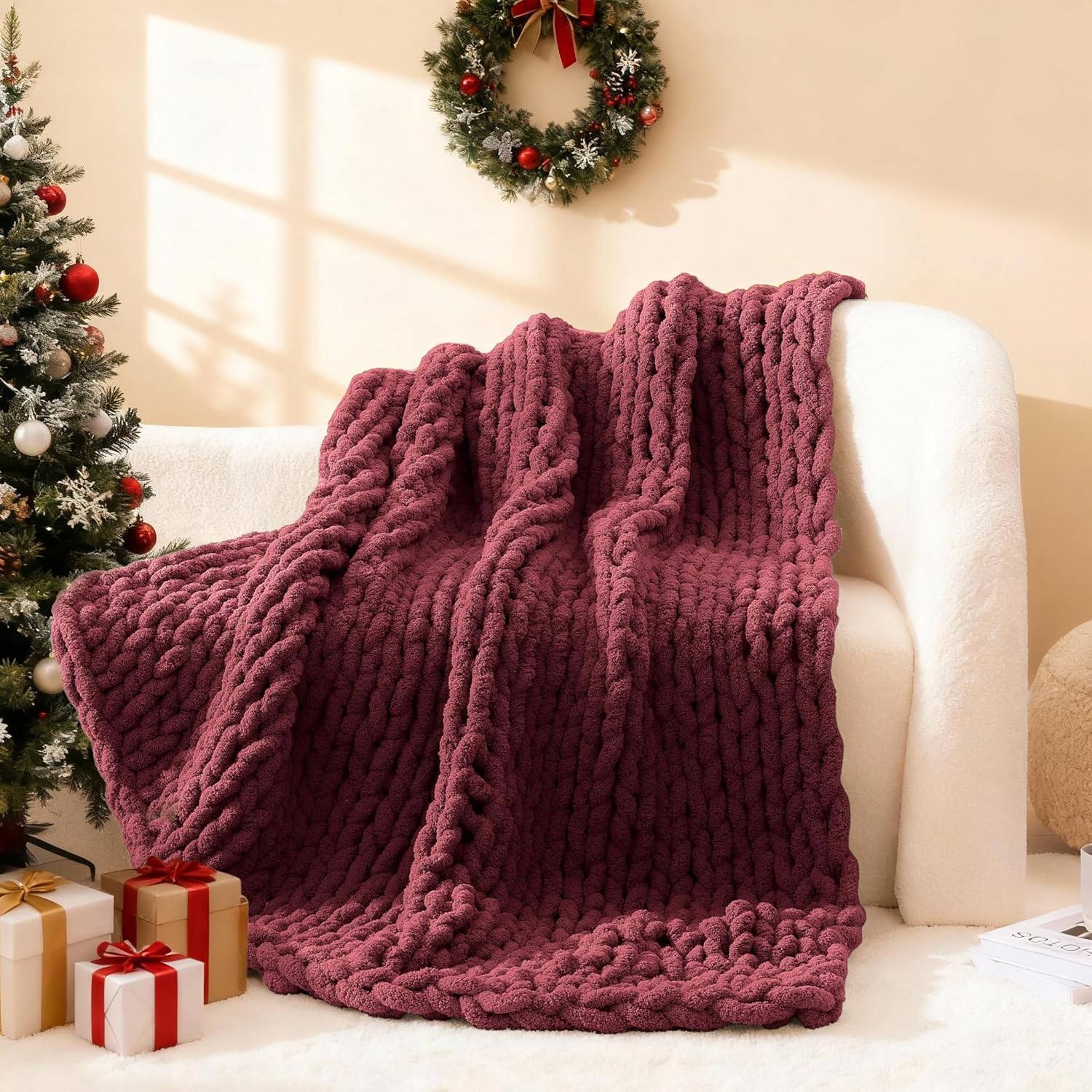 wrensonge chunky knit blanket throw burgundy red large soft fluffy cable knit crochet throw 100% hand knitted blanket for couch bed(50"x60") burgundy red 50*60 inch
