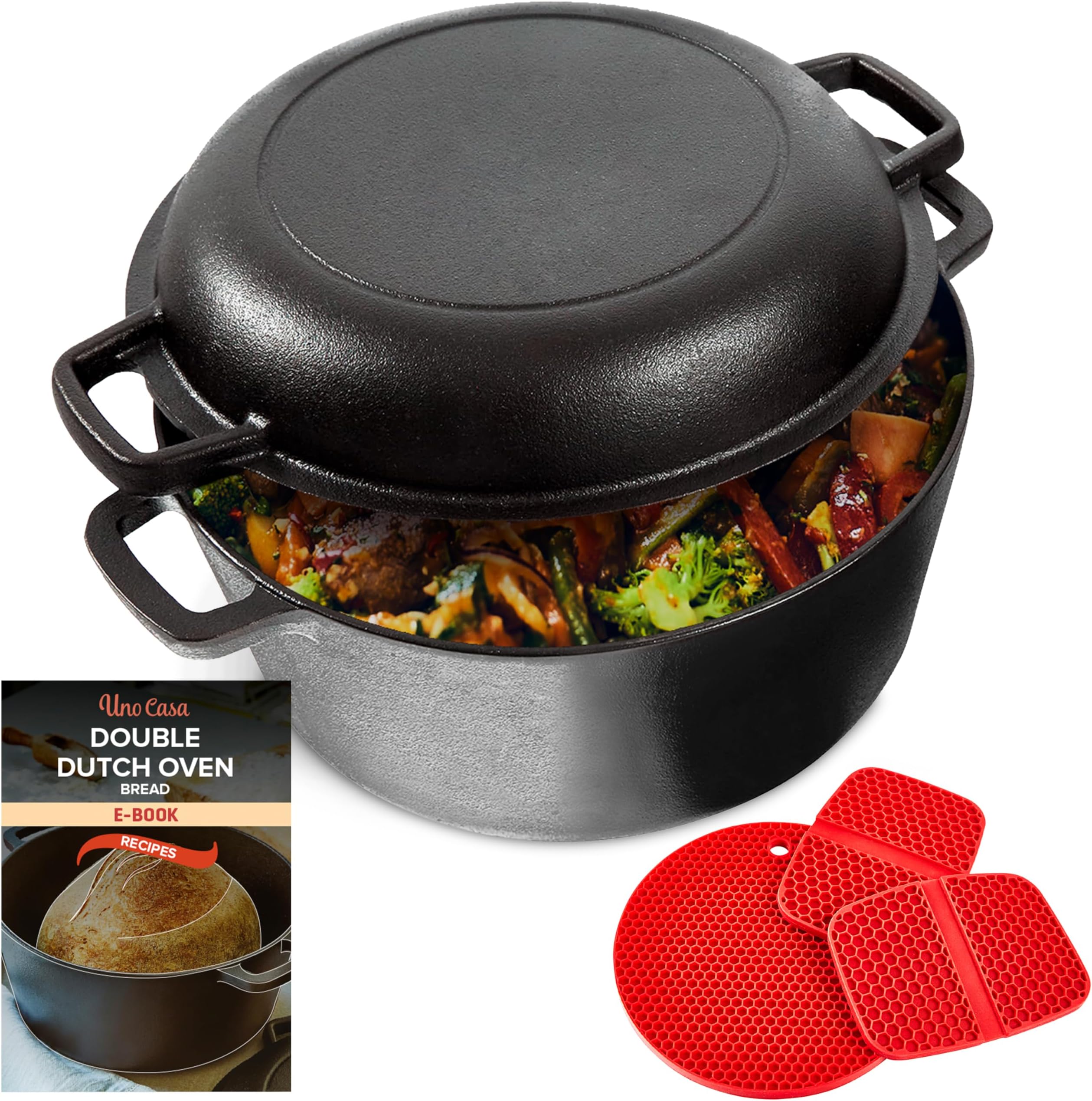 2-in-1 Cast Iron Dutch Oven Large - 5 Quart Dutch Oven Pot with Lid, Pre-Seasoned Cooking Dish for Bread Baking and Stews - Heavy Duty Cast Iron Pot with Detachable Frying Pan Lid for Versatile Cooking