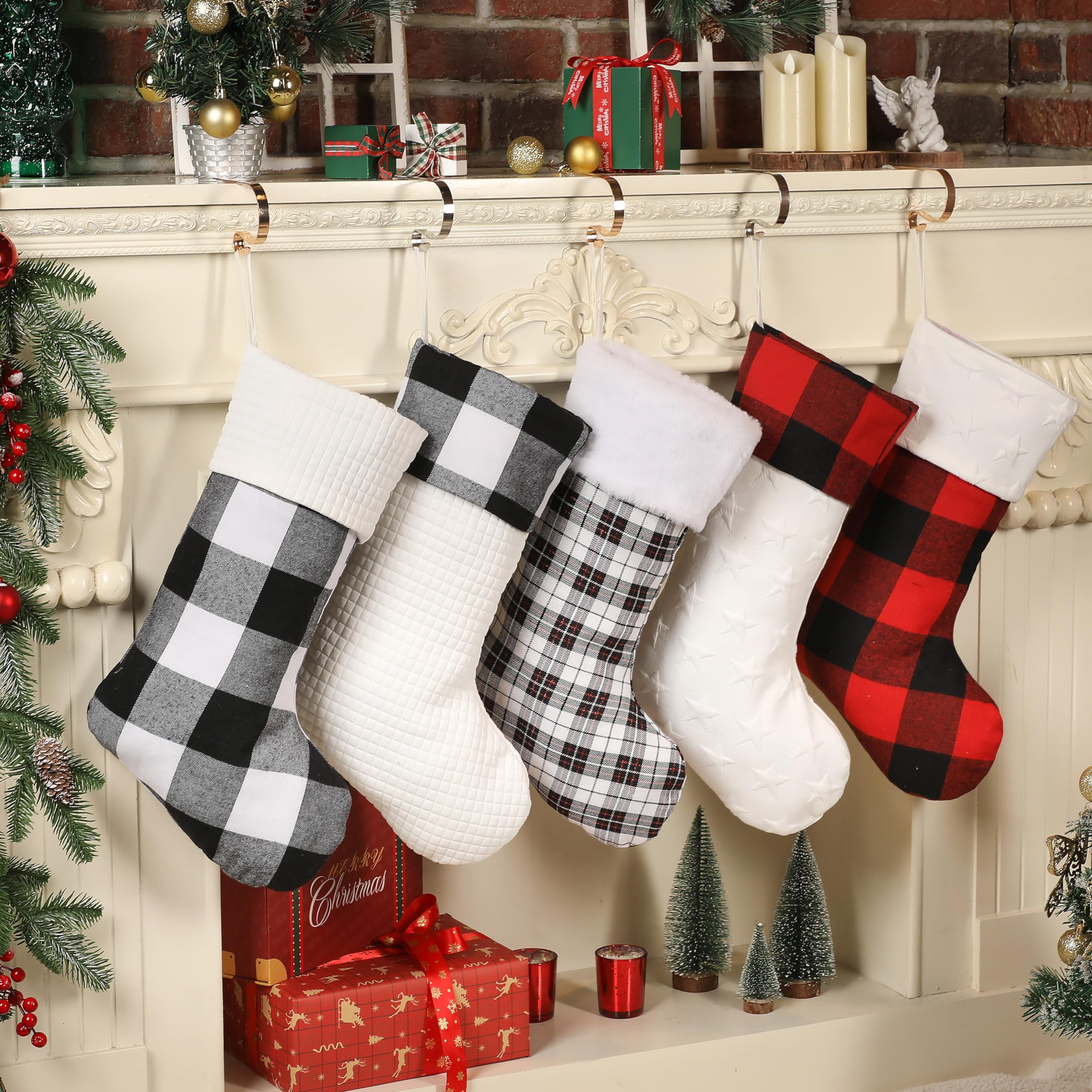 Buffalo Plaid Christmas Stockings Set Of 5 - Large Red & Black Stockings For Mantel Decor - View #8