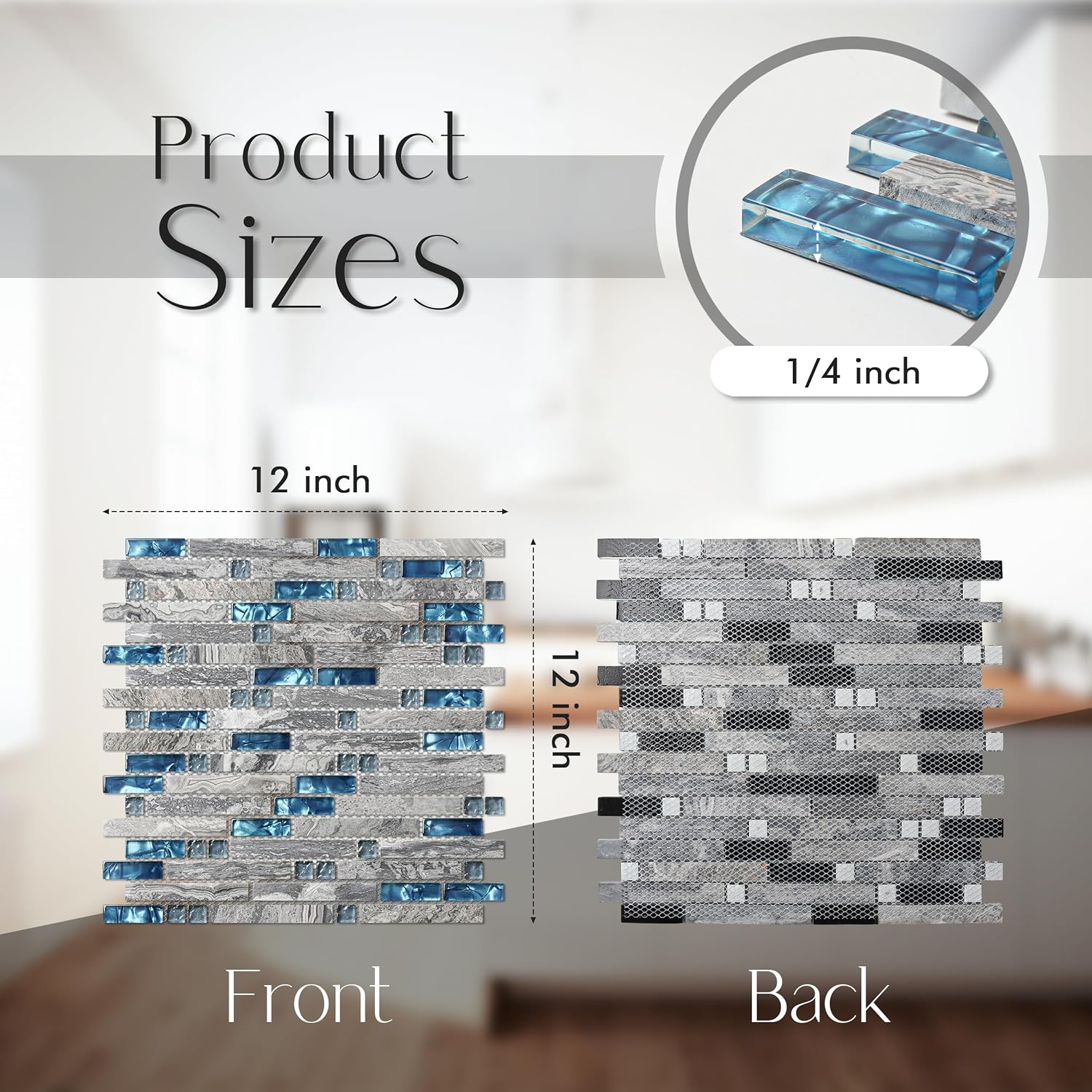 Blujellyfish Gray Marble Tile for Kitchen Backsplash 12 in. x 12 in. x 8 mm Teal Blue Glass Mosaic Bathroom Shower Wall Linear Tiles (Pack of 5 Sheets)