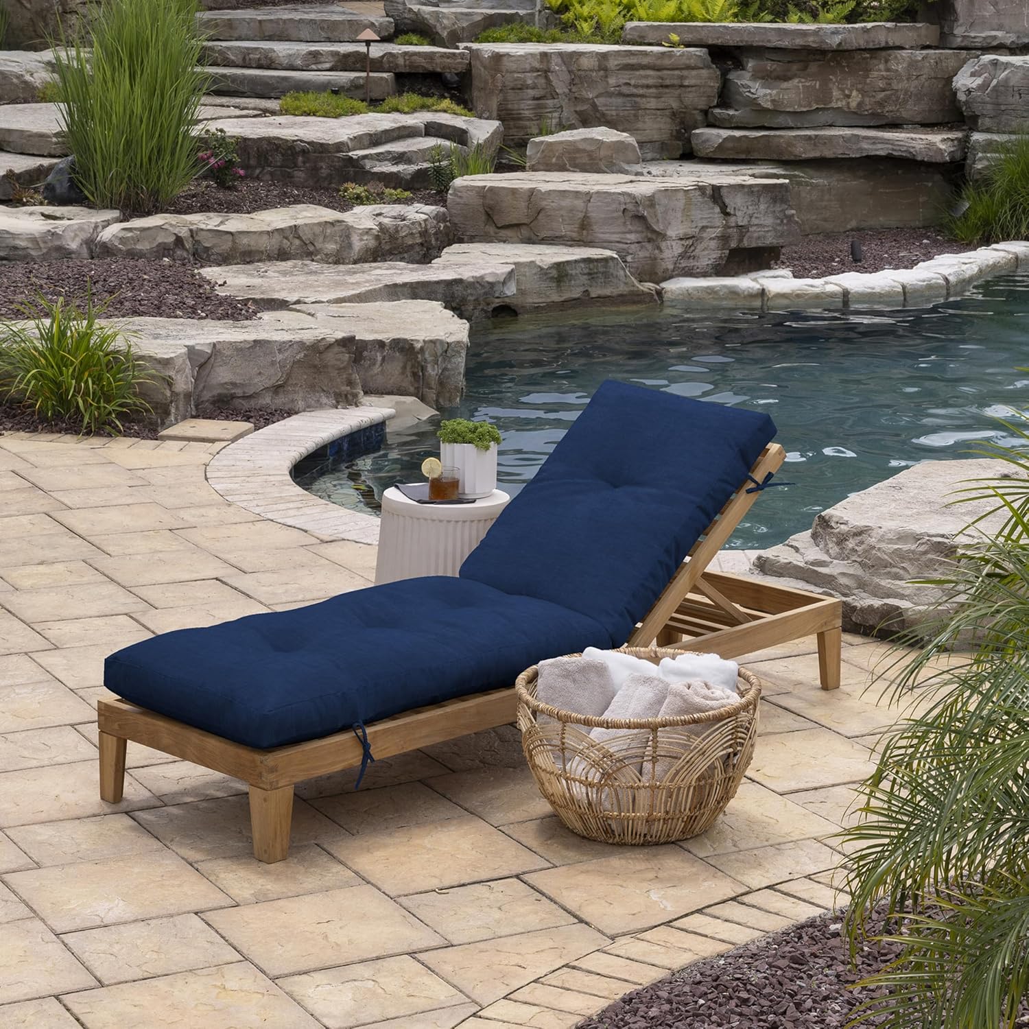 arden outdoor plush modern tufted chaise cushion, 76 x 22, rain-proof, fade resistant, tufted cushion for chaise lounger sapphire blue leala