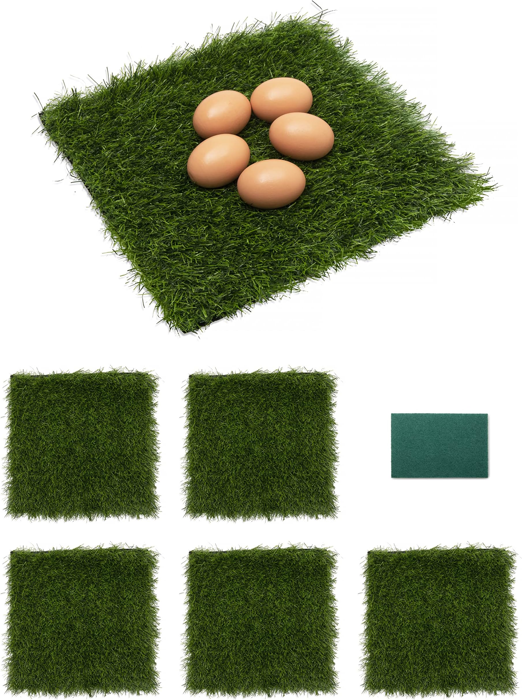 HASTINGS BAY Chicken Nesting Box Pads - 30 cm, Set of 6, Indoor/Outdoor Synthetic Grass for Chicken Coop or Hen House - Complete with Cleaning Cloth for Wiping Eggs